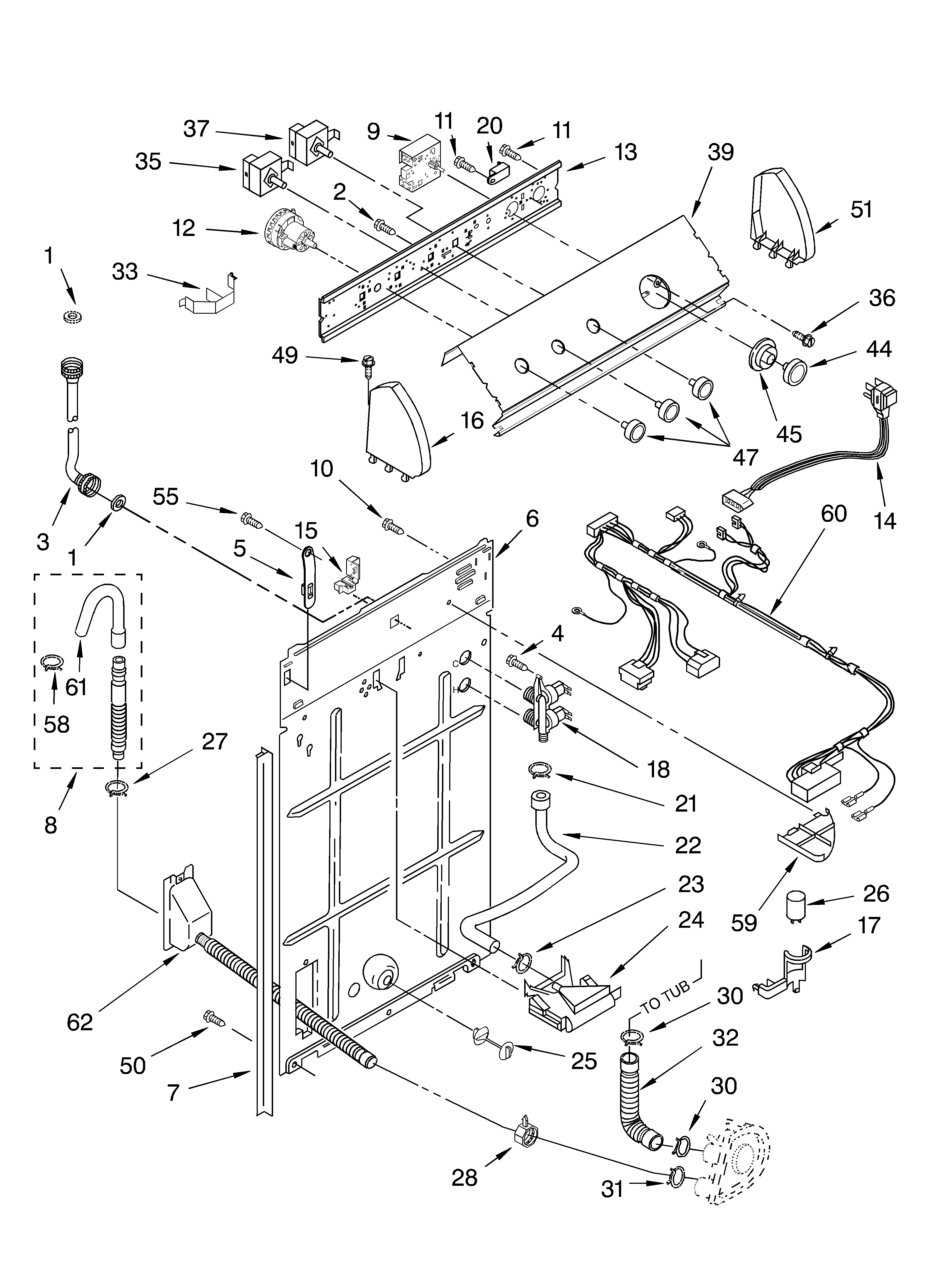 Whirlpool LSQ7030KQ0 controls and rear panel diagram