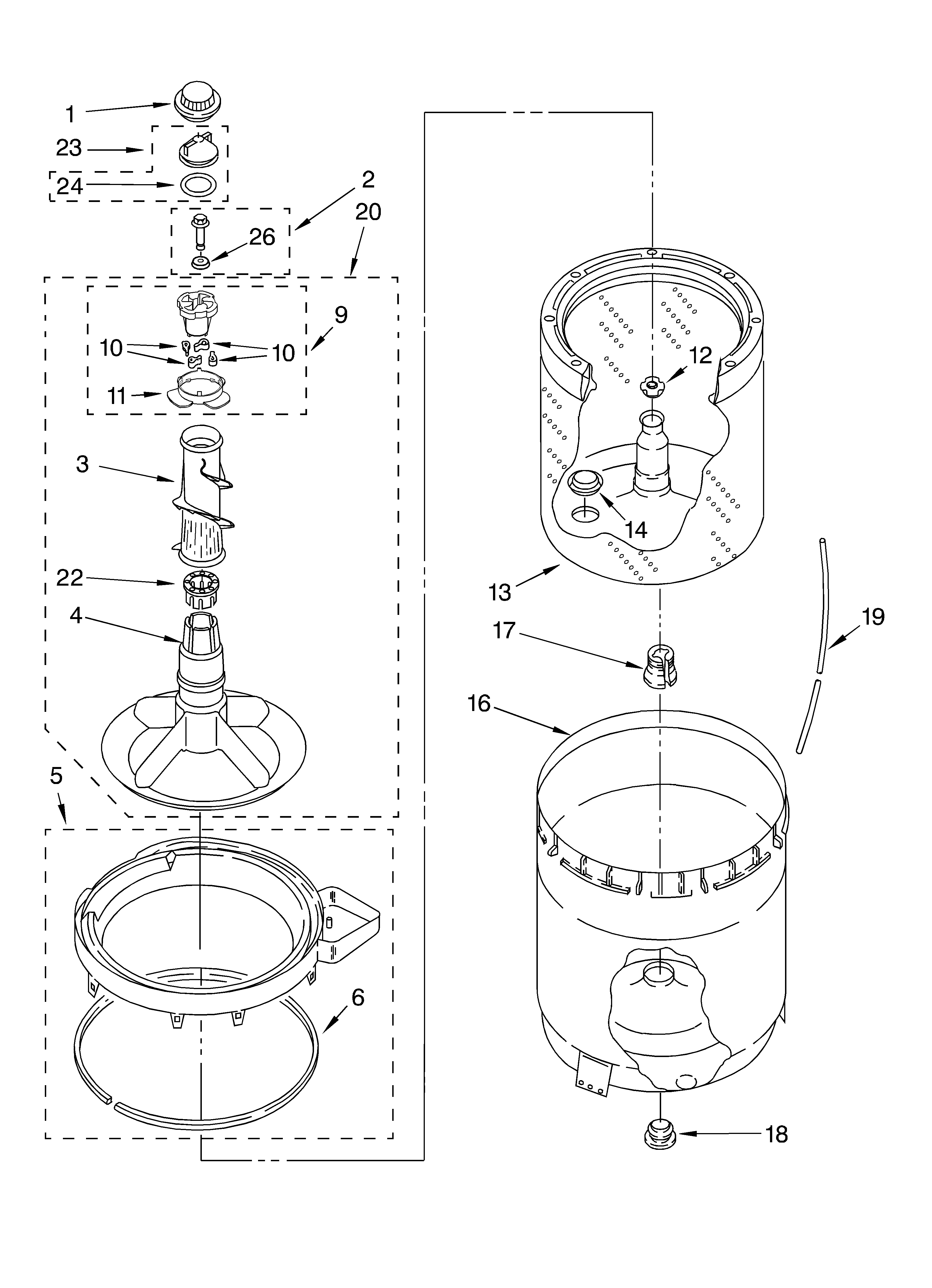 Whirlpool LSQ7030KQ0 agitator, basket and tub diagram