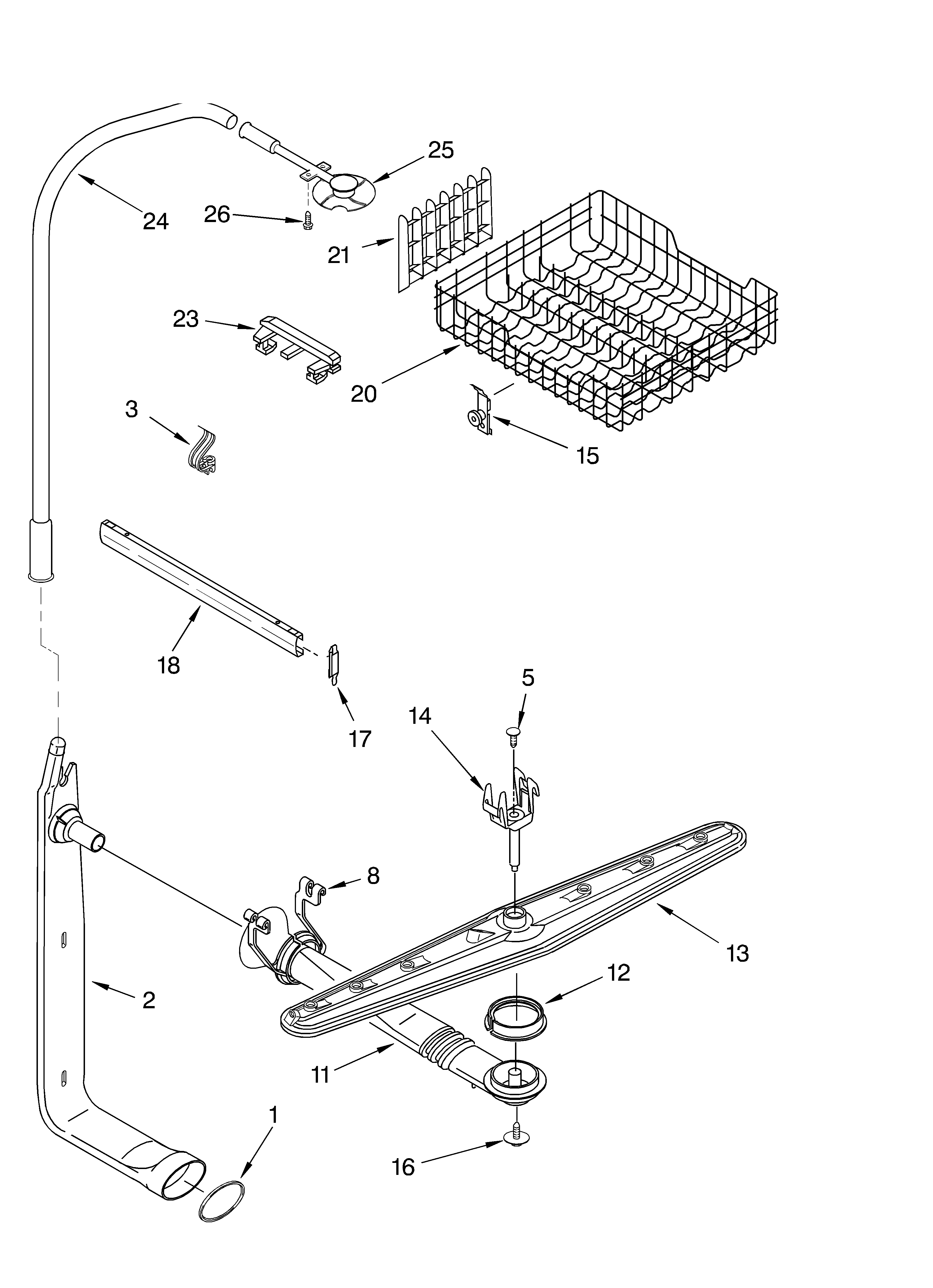 Whirlpool DU951PWKB1 upper dishrack and water feed diagram