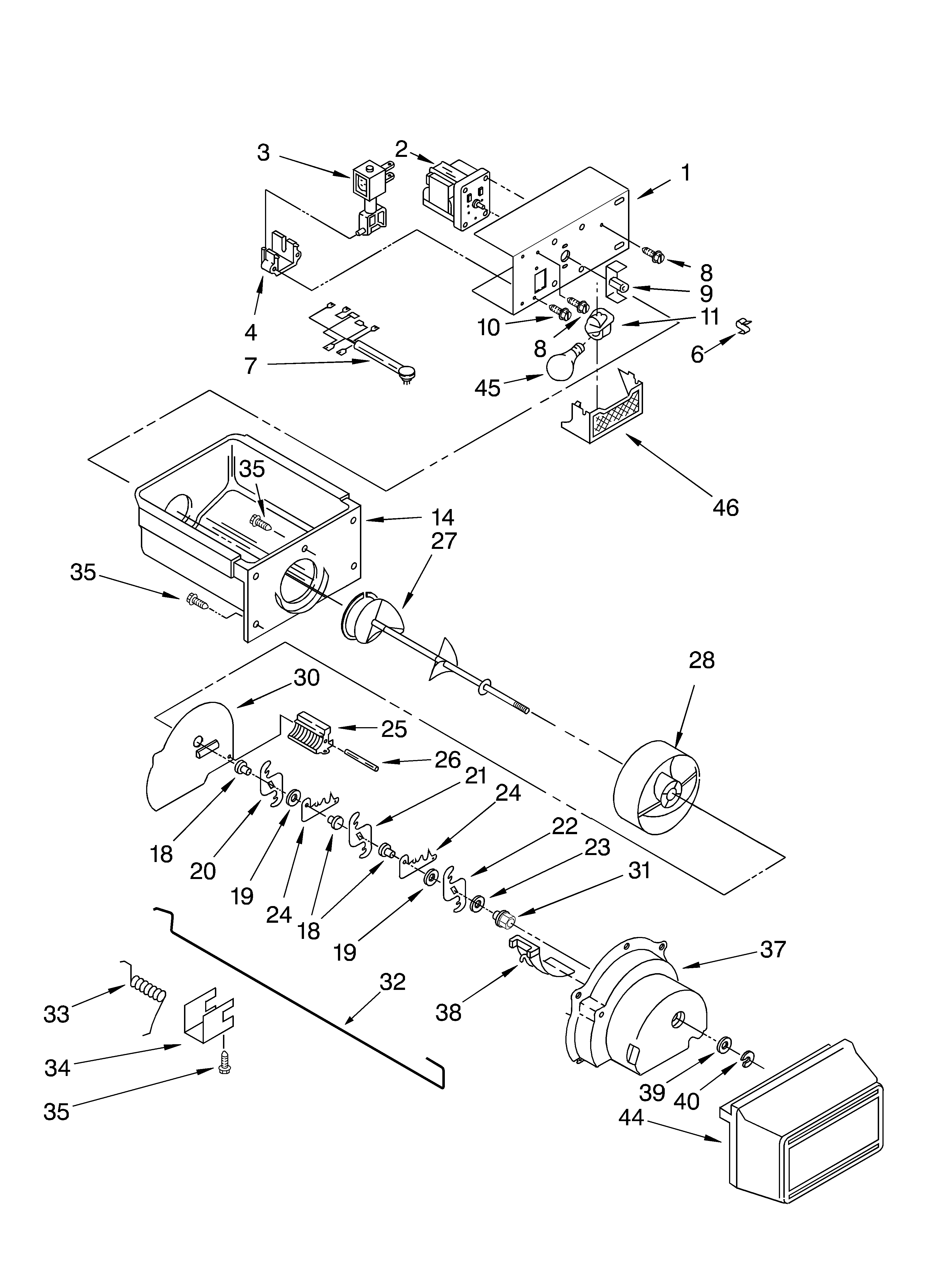 Whirlpool GD22SFXHS05 motor and ice container diagram