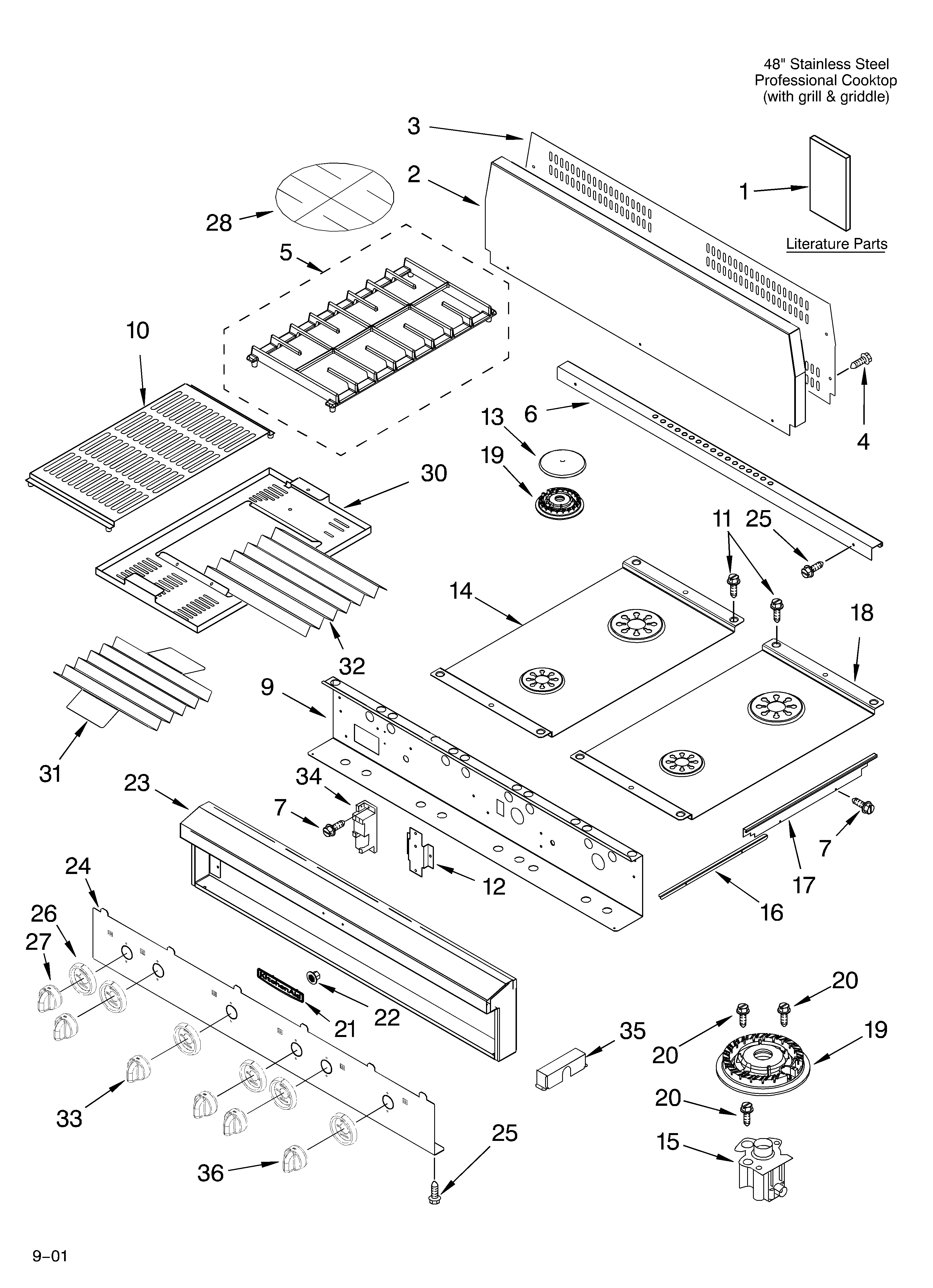 KitchenAid KGCP484KSS0 cooktop, burner,and grate/literature diagram