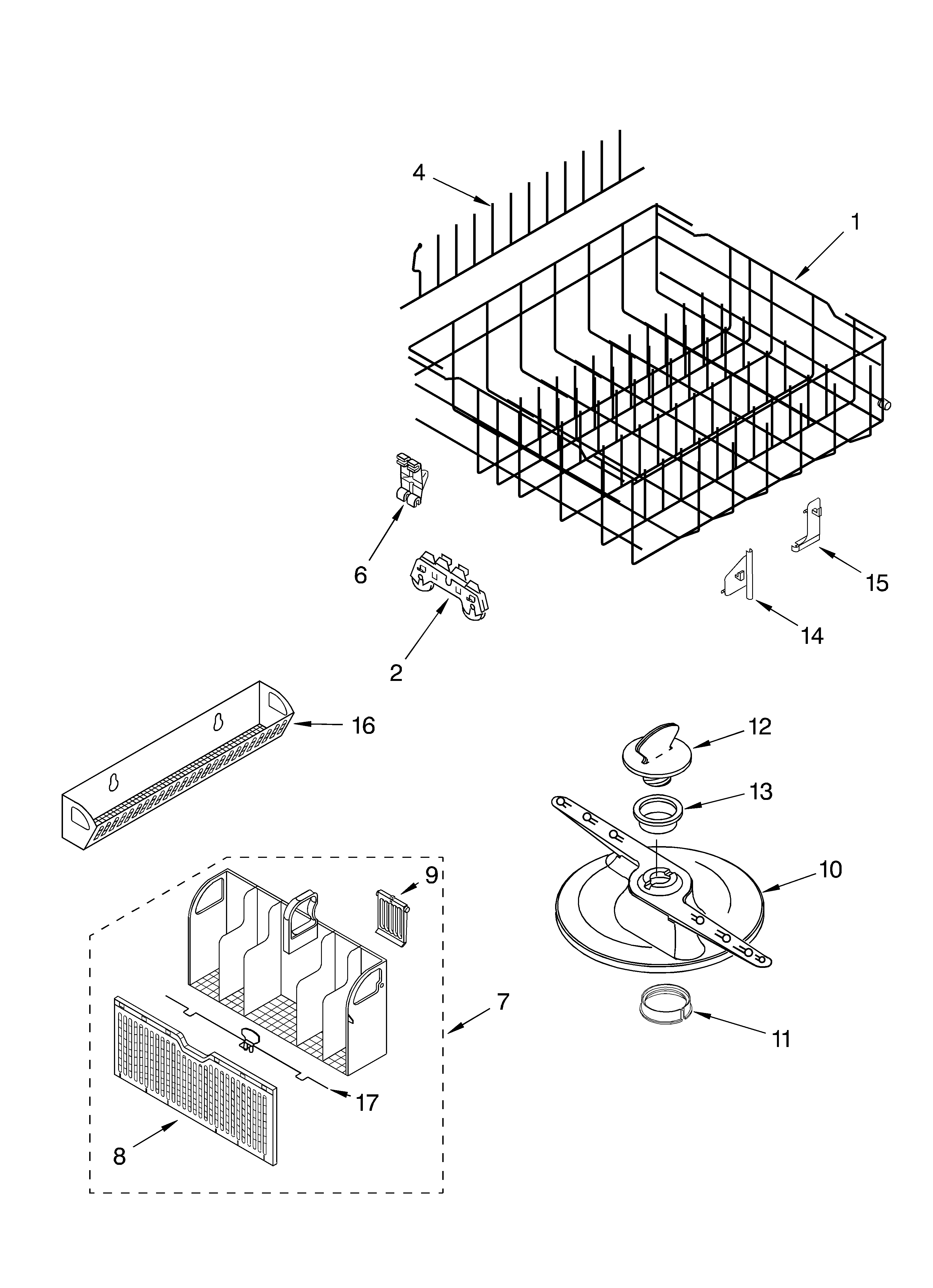 Whirlpool DU950PWKQ1 lower dishrack diagram