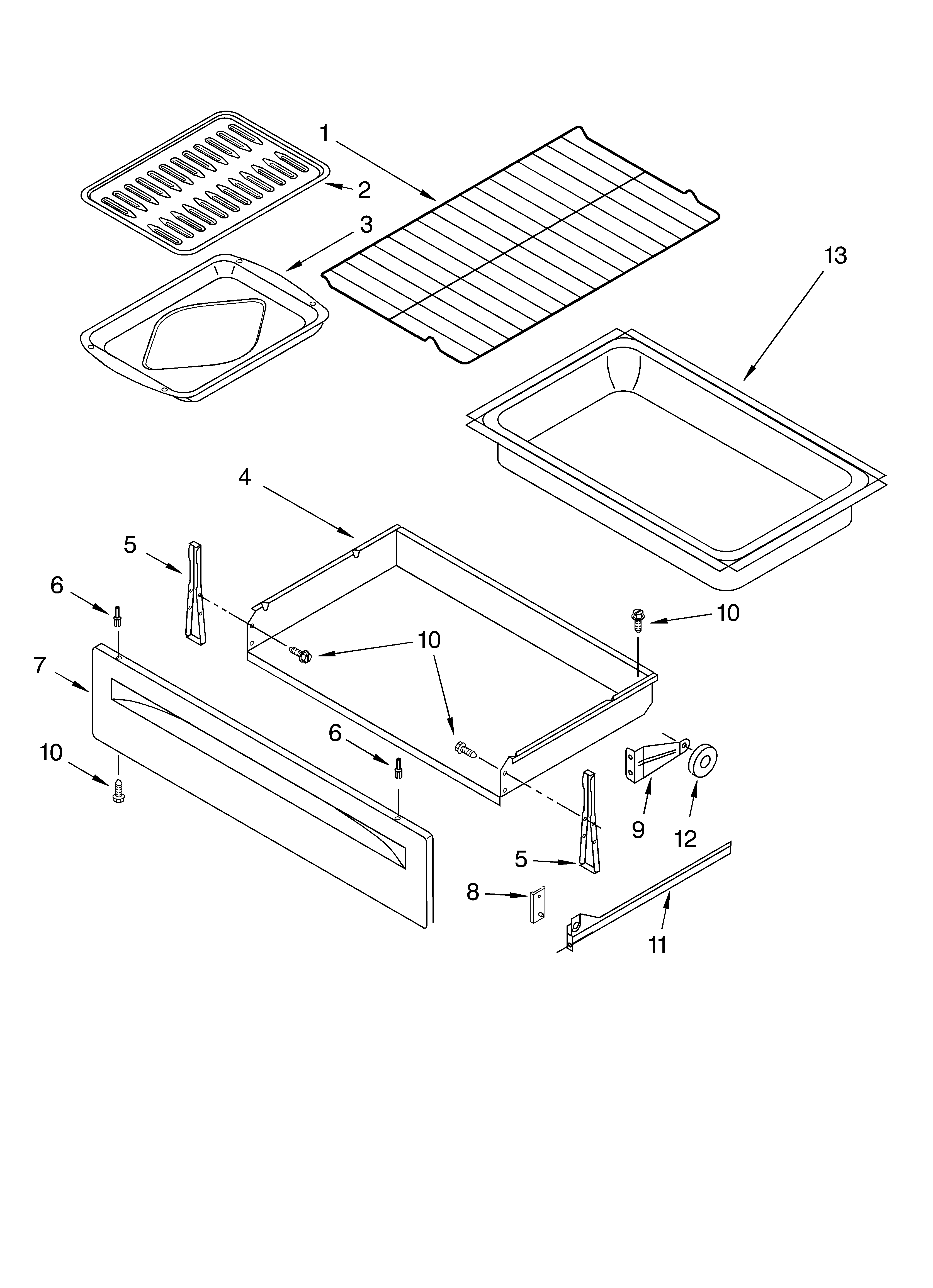 Whirlpool SF387LEKT0 drawer and broiler diagram