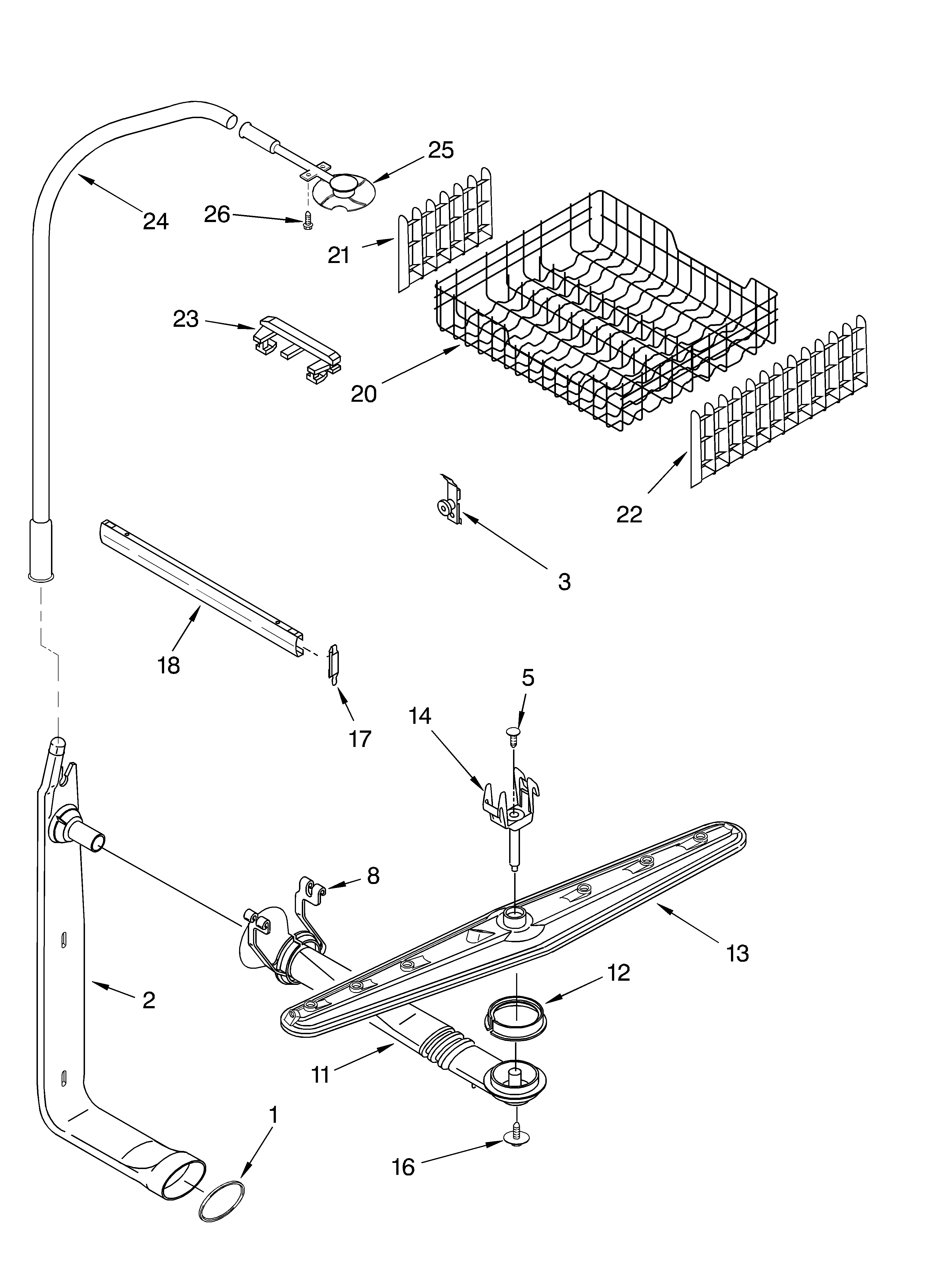 Whirlpool DU620PWKQ0 upper dishrack and water feed diagram