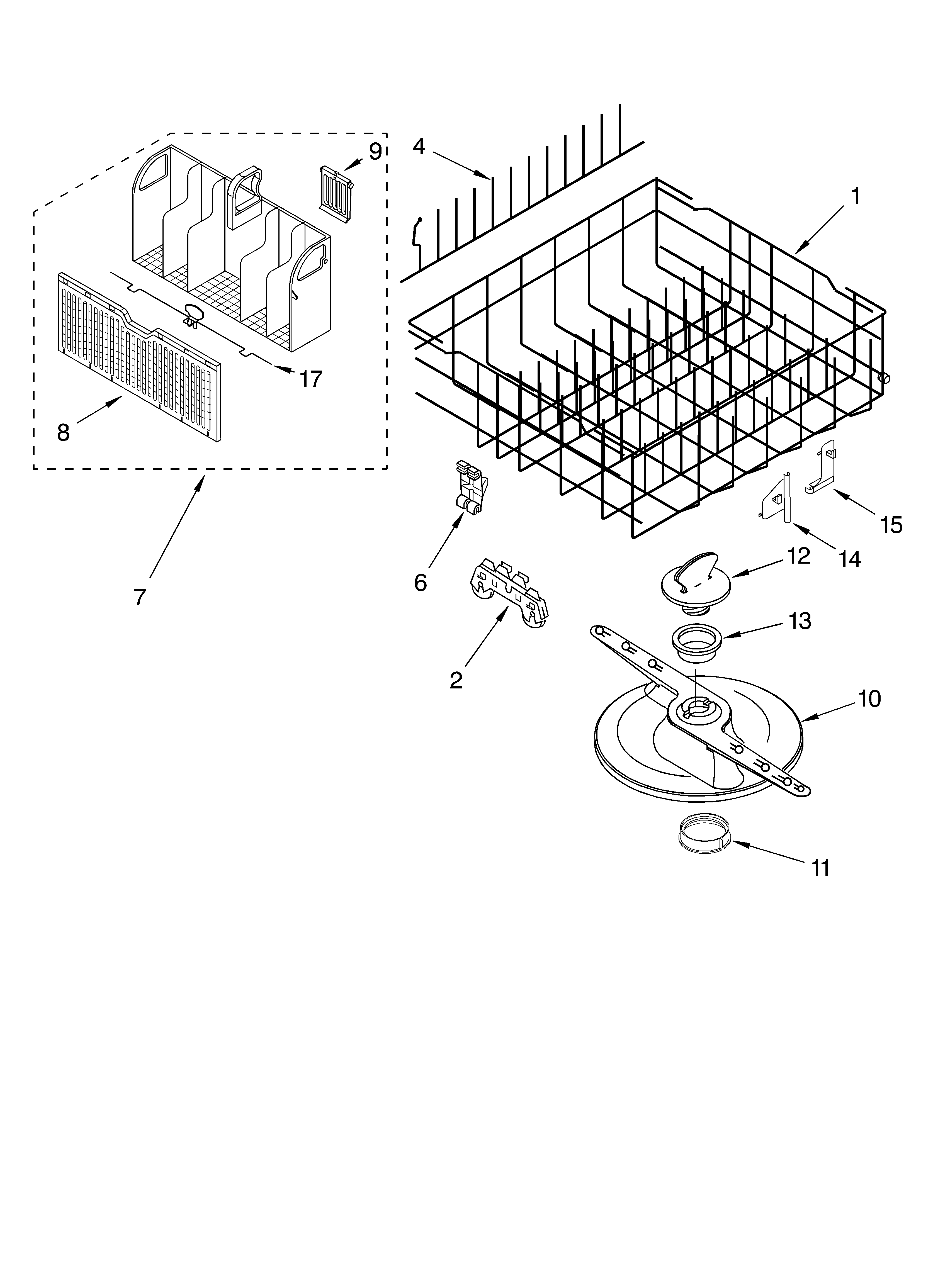 Whirlpool DU620PWKQ0 lower dishrack diagram