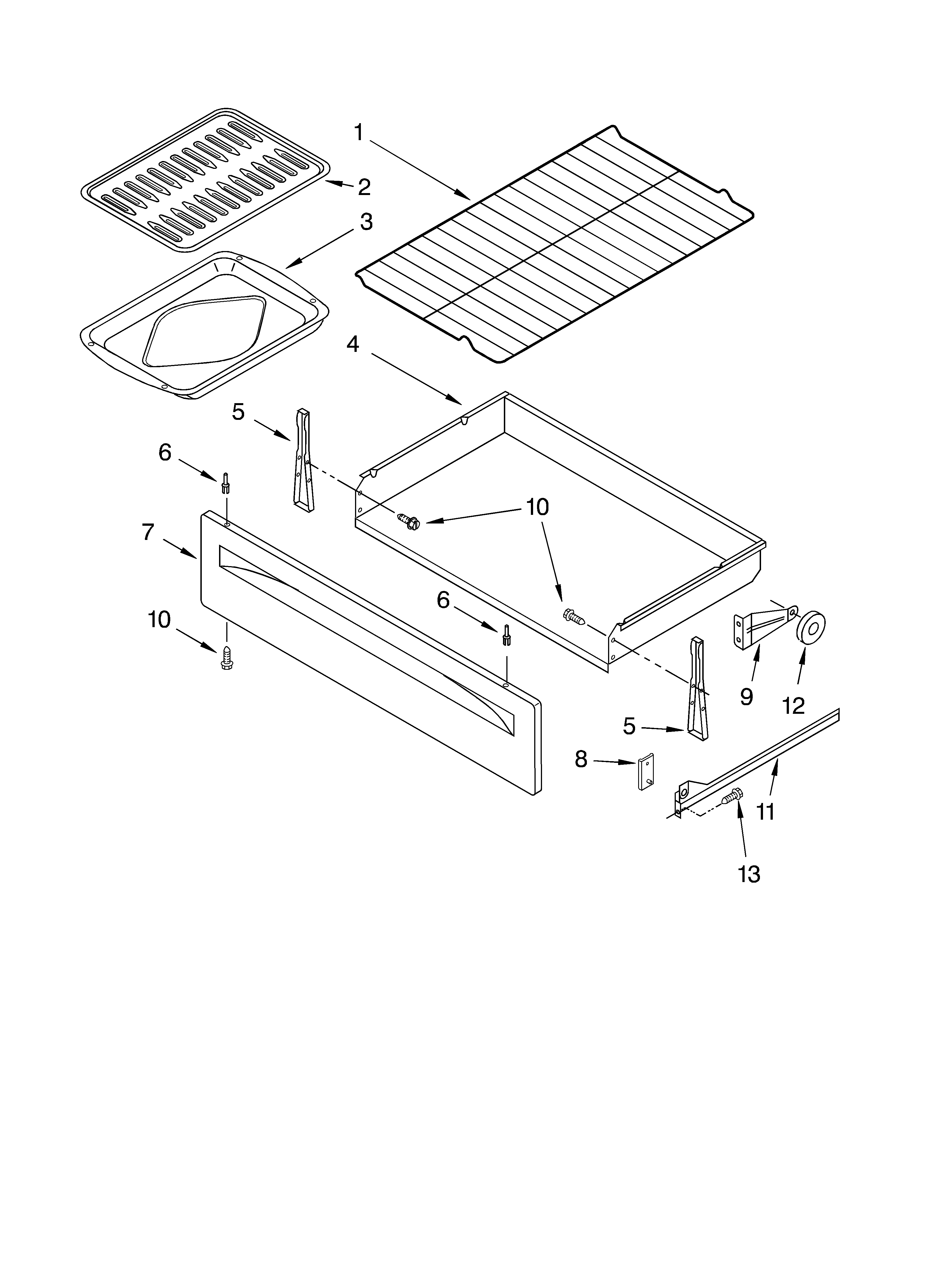 Whirlpool SF367LEKW0 drawer and broiler diagram