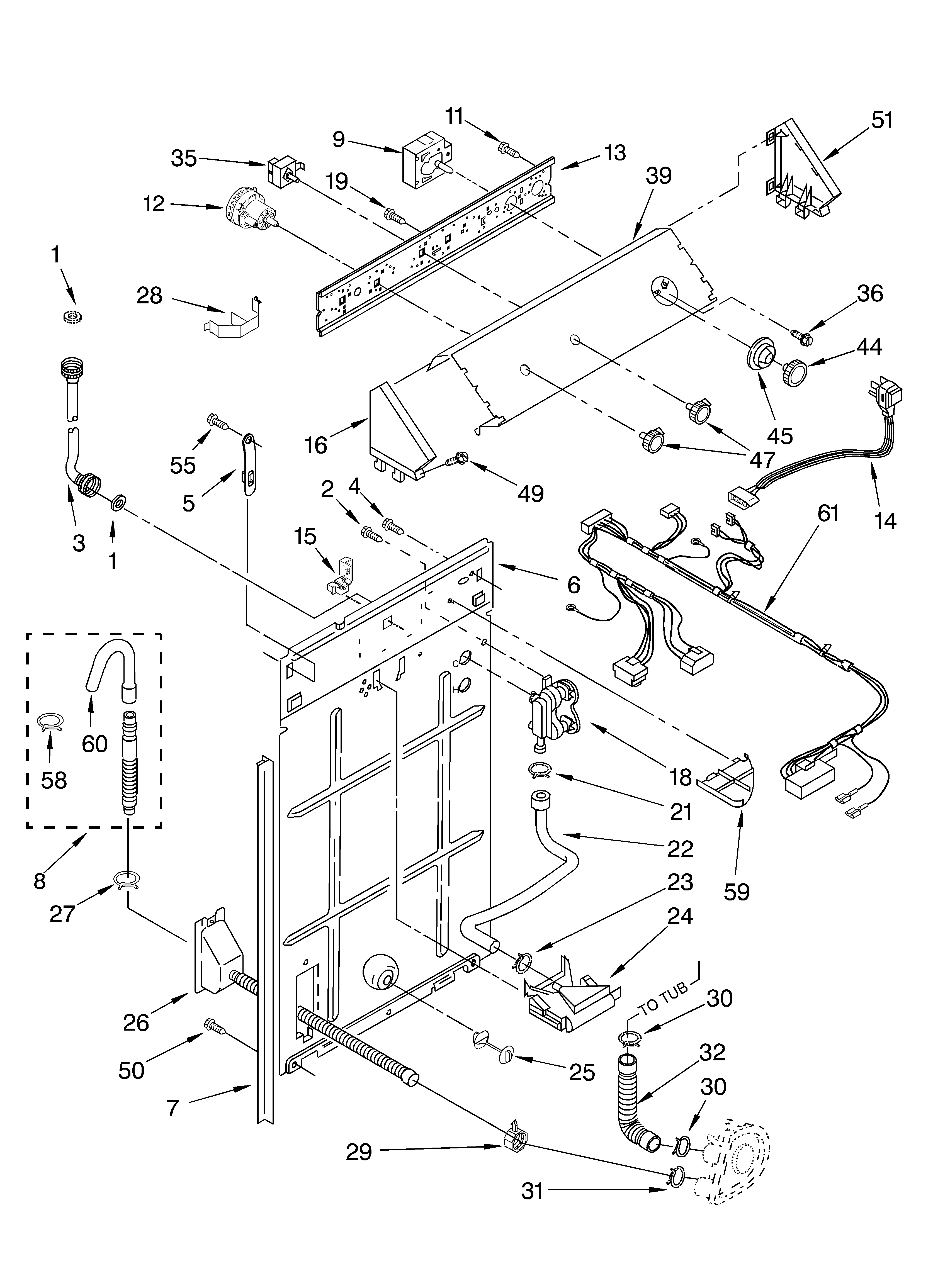 Whirlpool LSR6132HQ1 controls and rear panel diagram