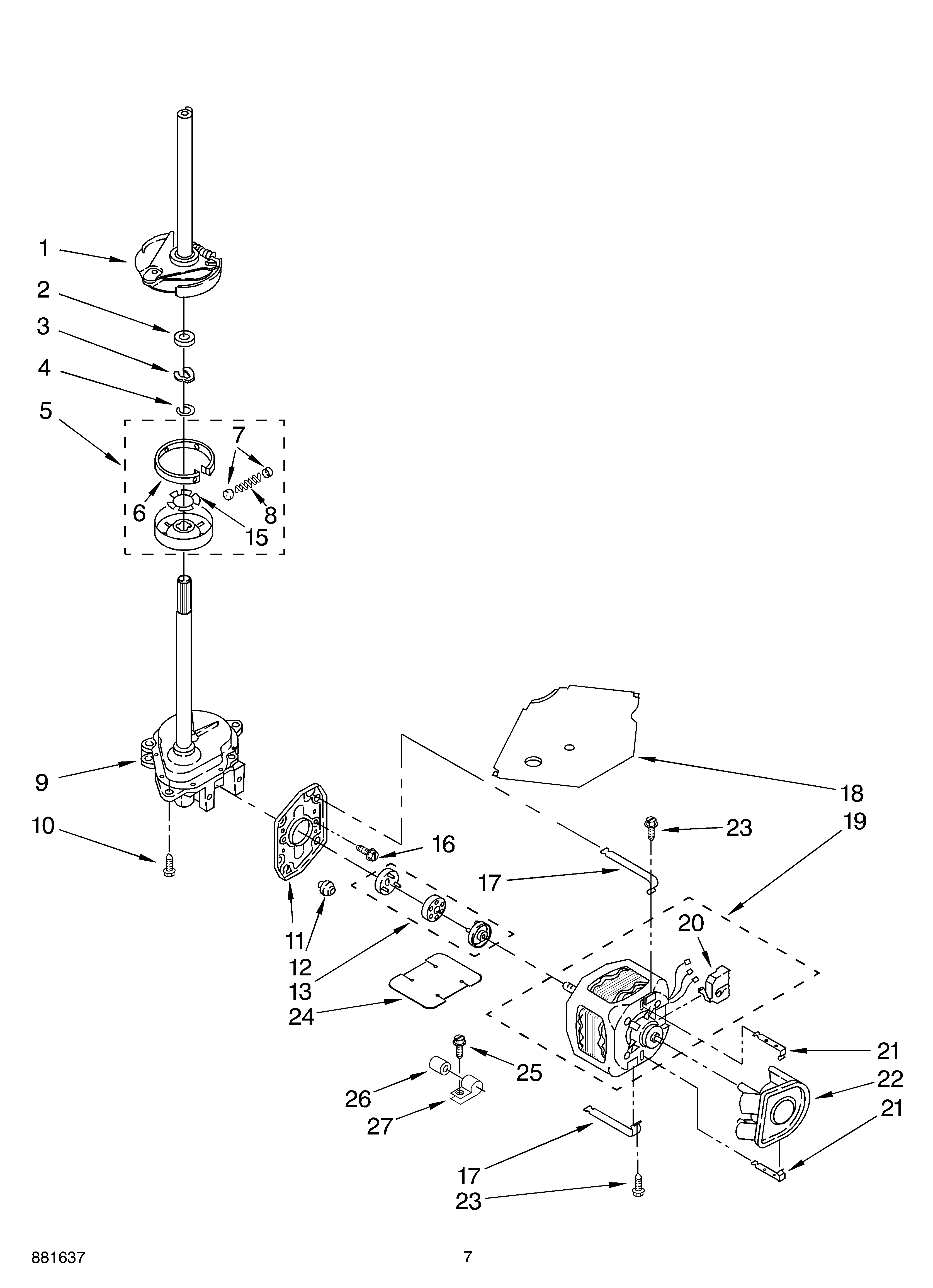 Whirlpool LSR6132HQ1 brake, clutch, gearcase, motor and pump diagram