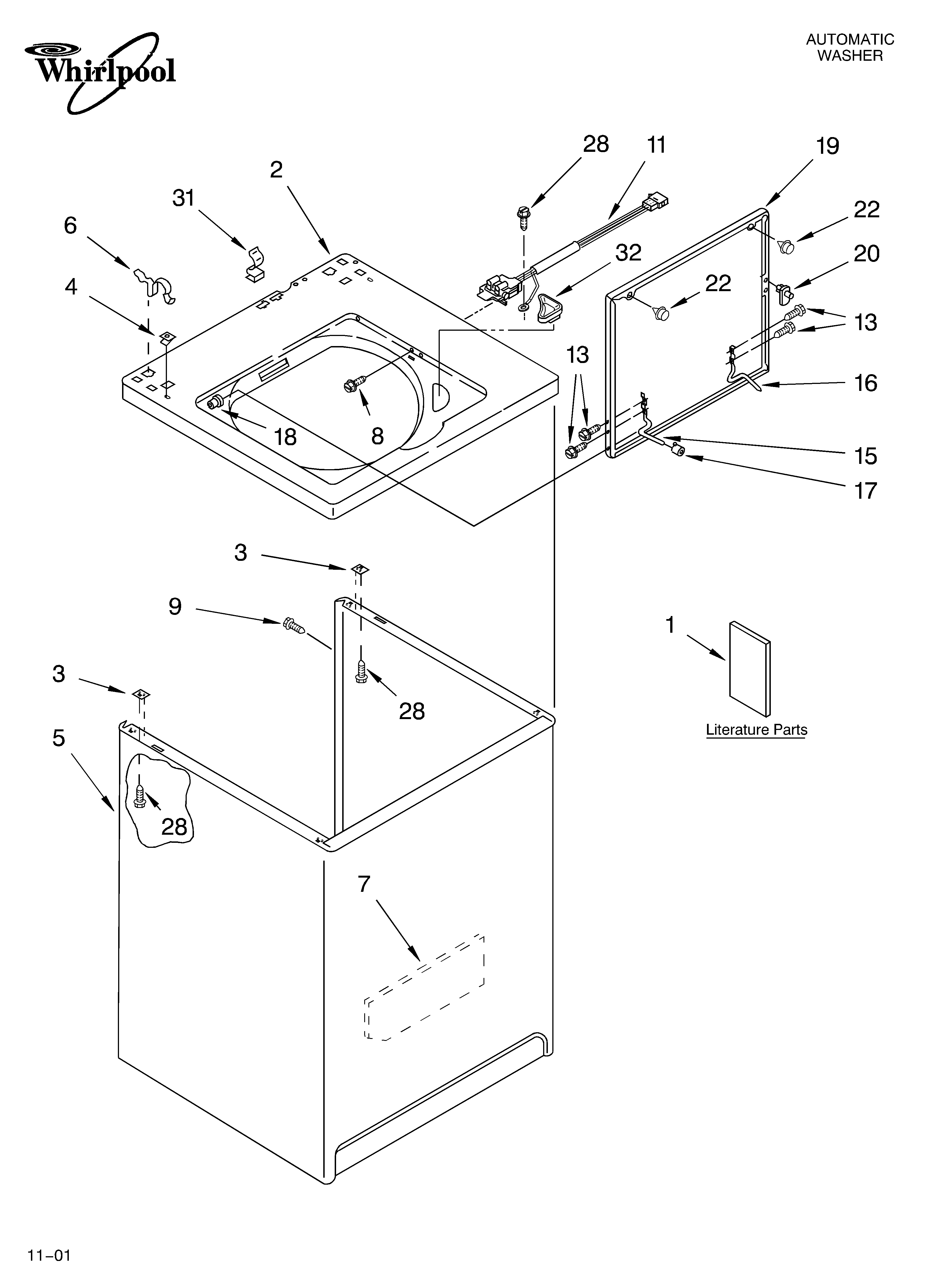 Whirlpool LSQ9211KT1 top and cabinet/literature diagram