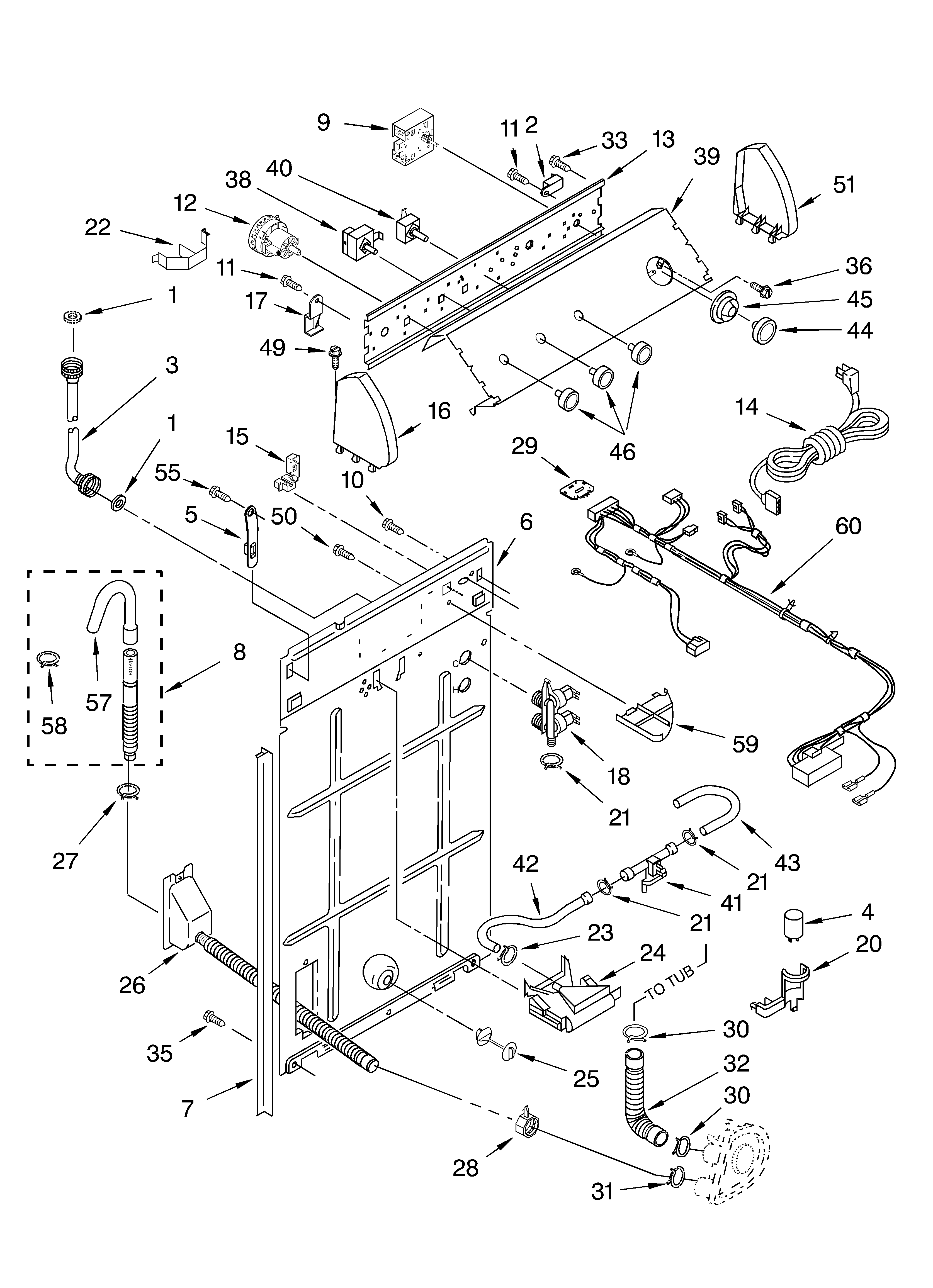 Whirlpool LSQ9211KT1 controls and rear panel diagram