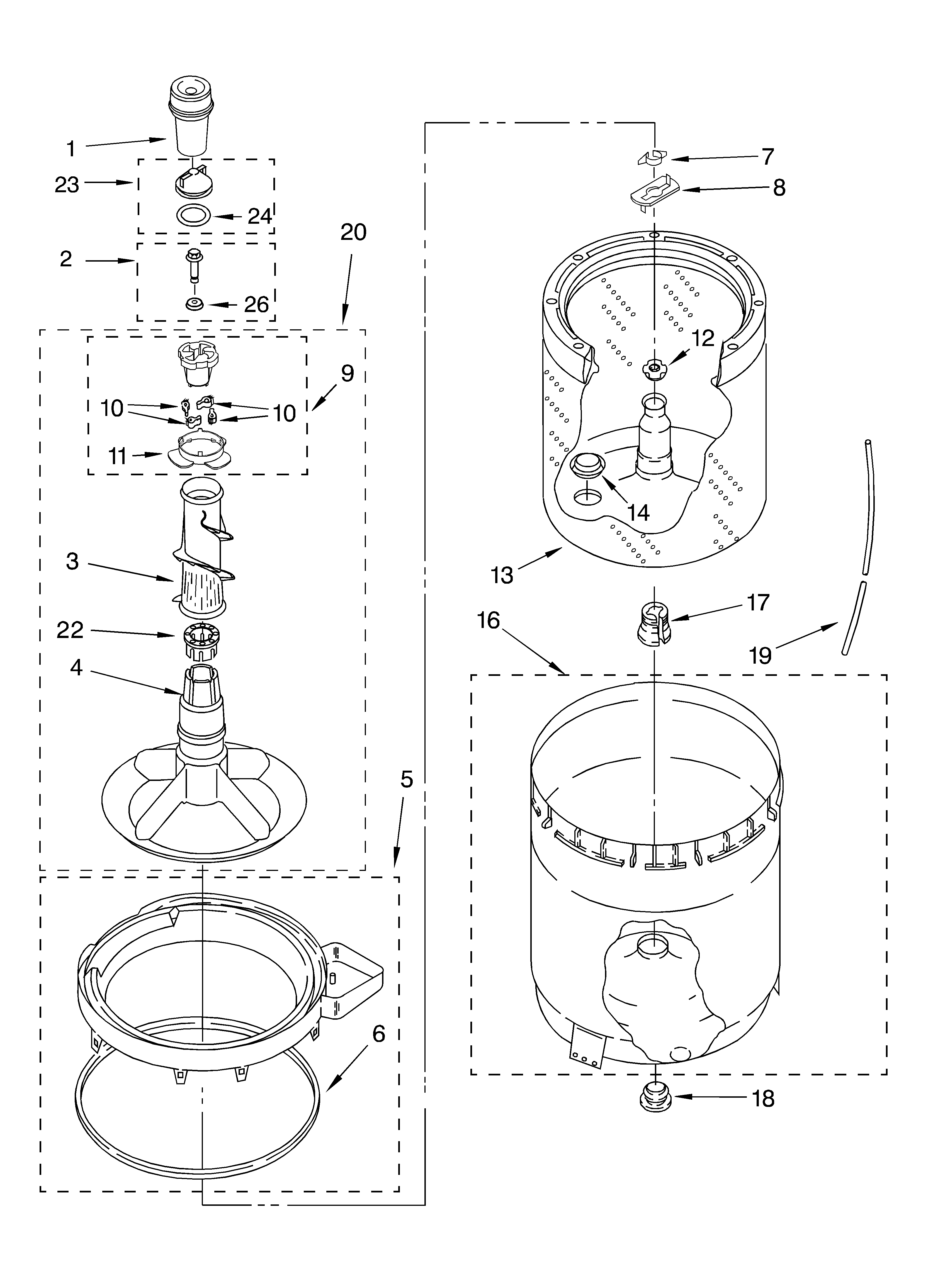 Whirlpool LSQ9211KT1 agitator, basket and tub diagram