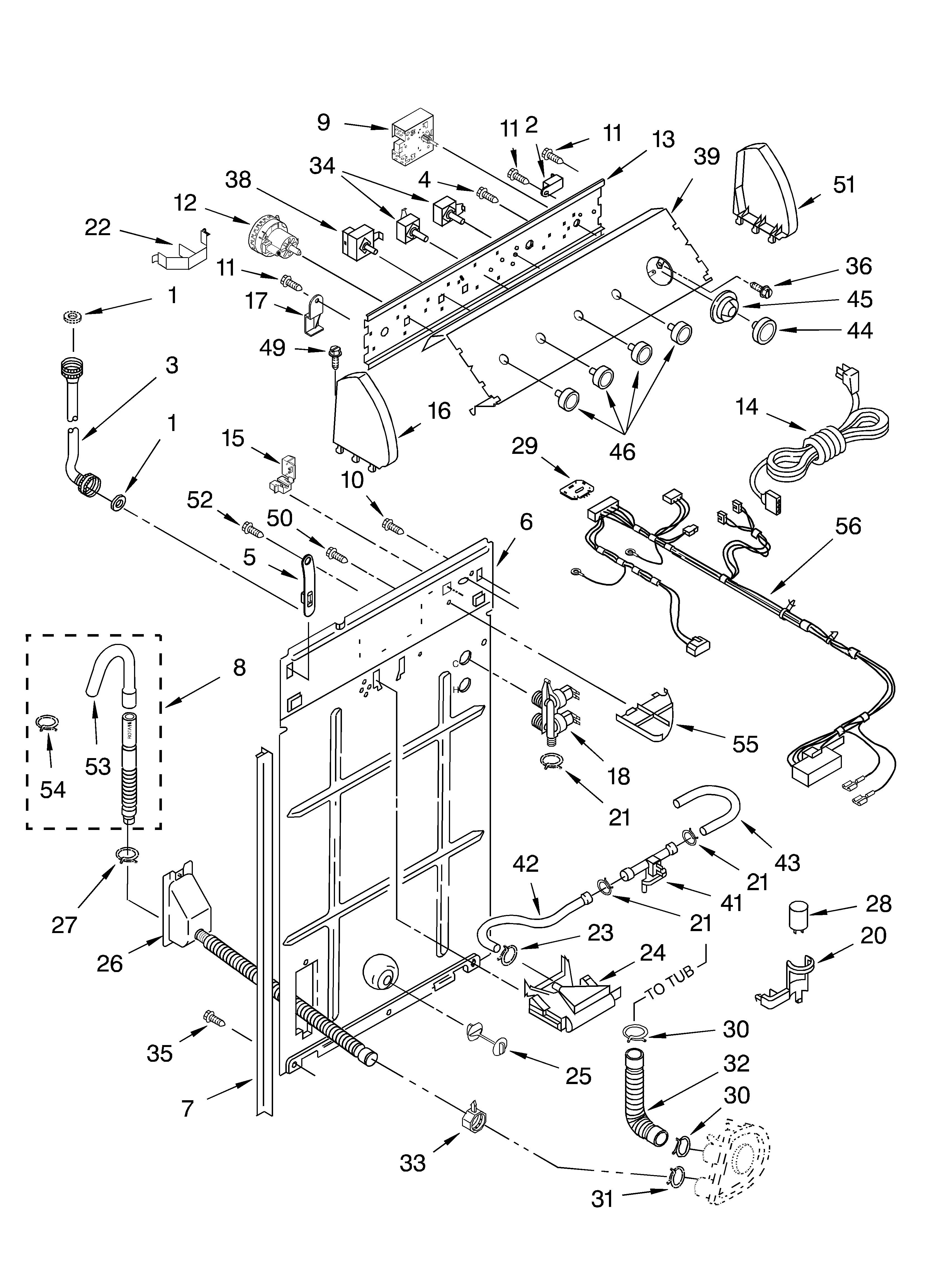 Whirlpool LSB6400KQ1 controls and rear panel diagram