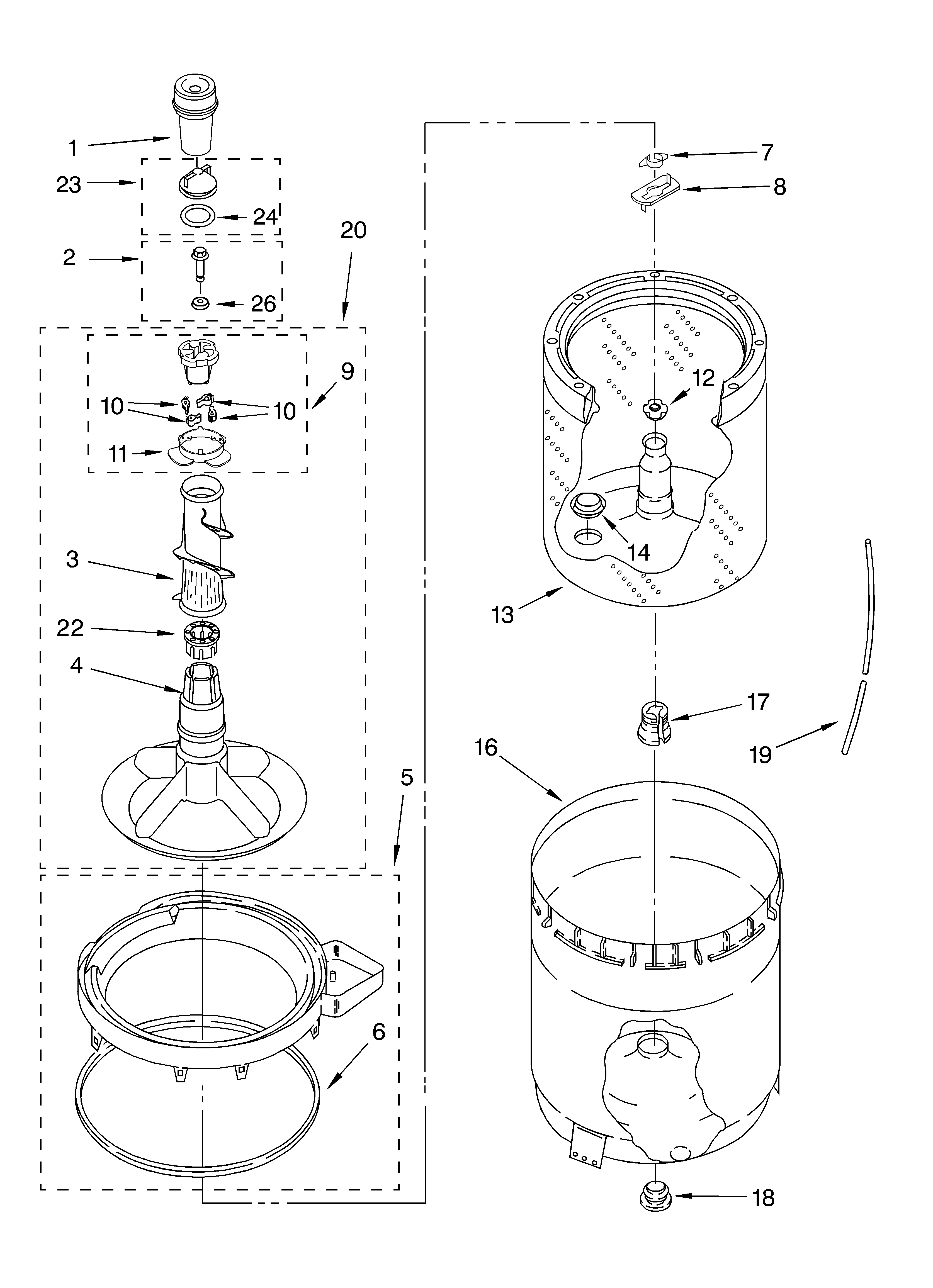 Whirlpool LSB6400KQ1 agitator, basket and tub diagram