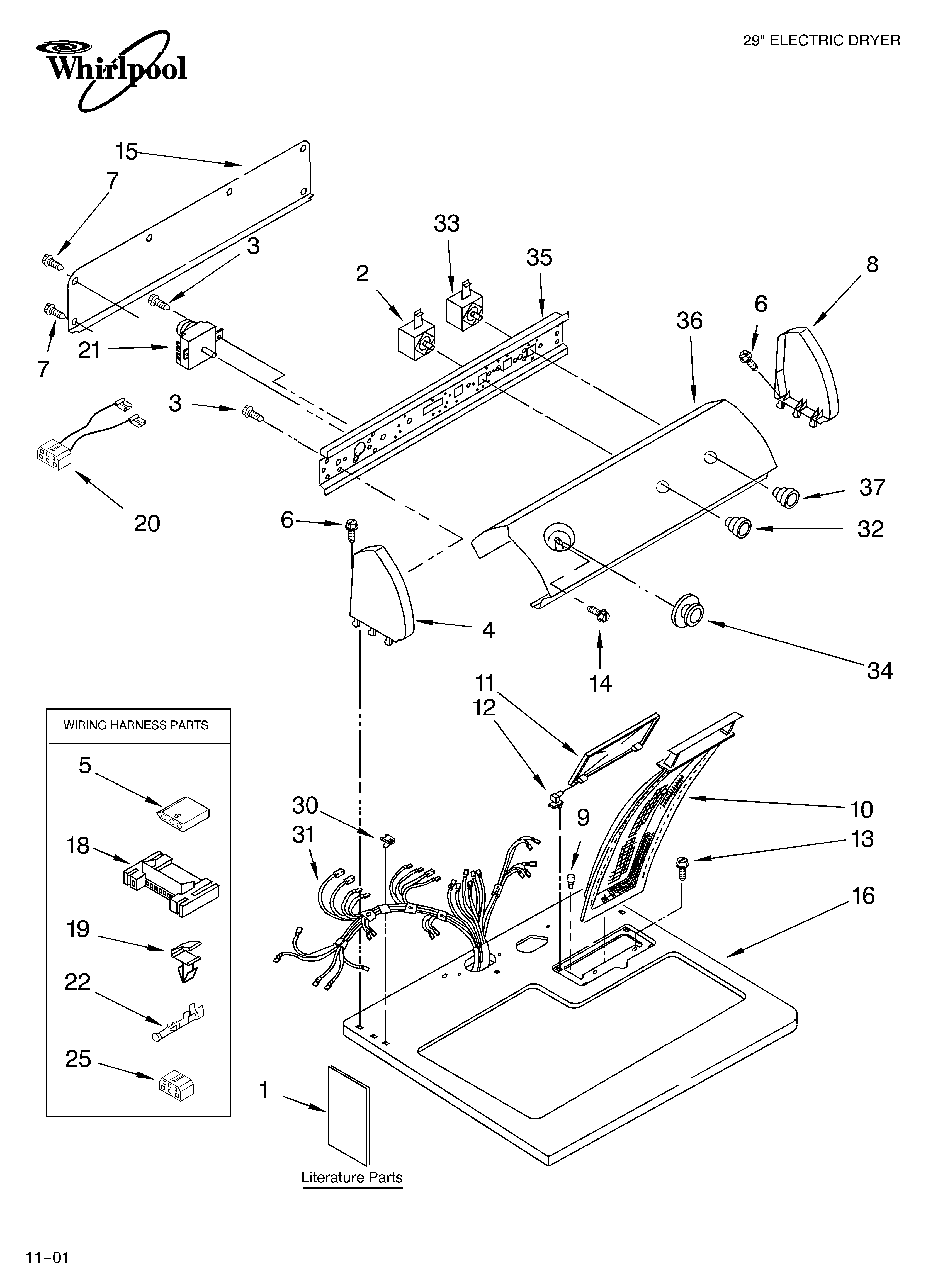 Whirlpool LER3634JW1 top and console/literature diagram