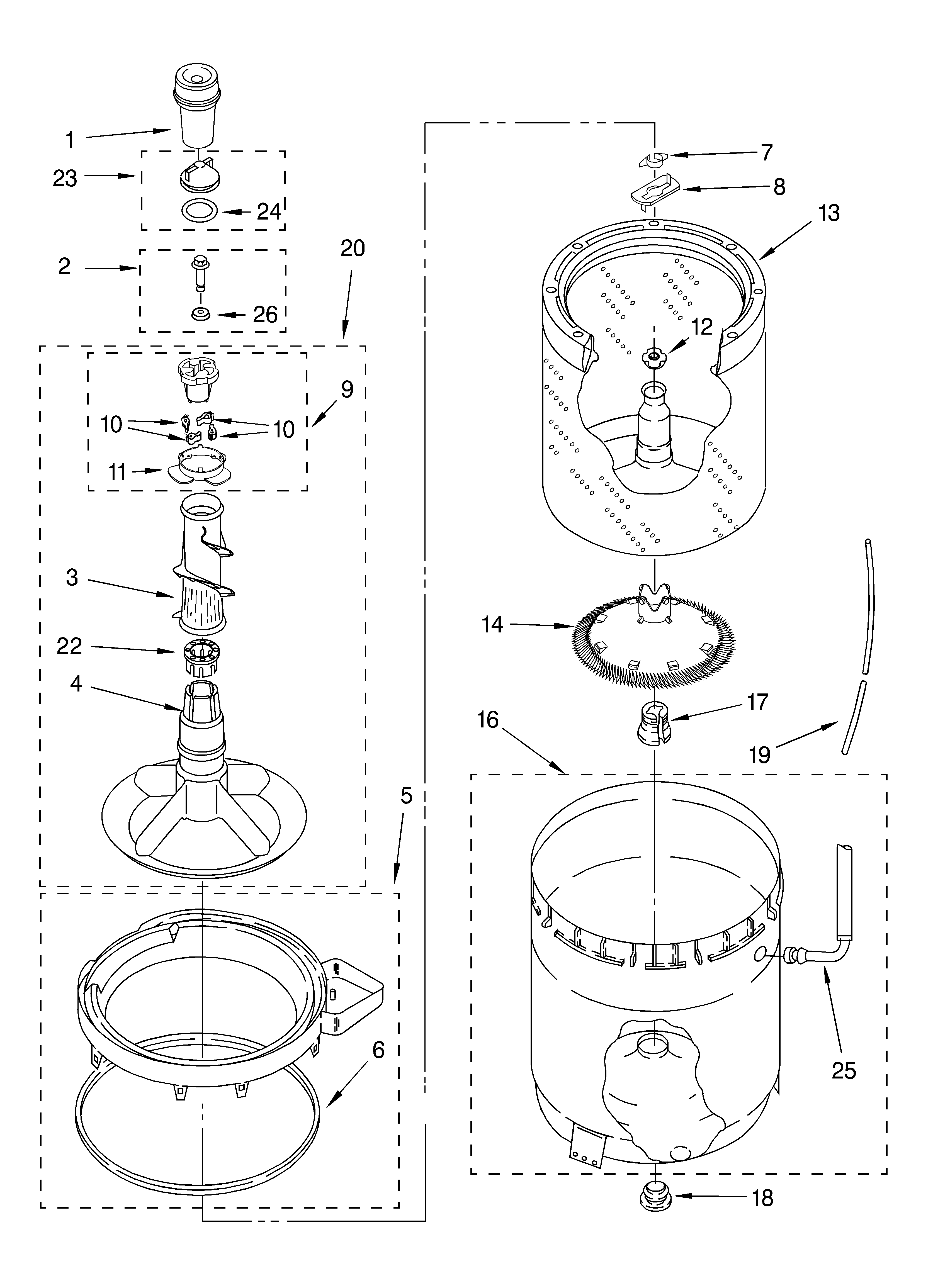 Whirlpool LSQ9610JQ0 agitator, basket, and tub diagram
