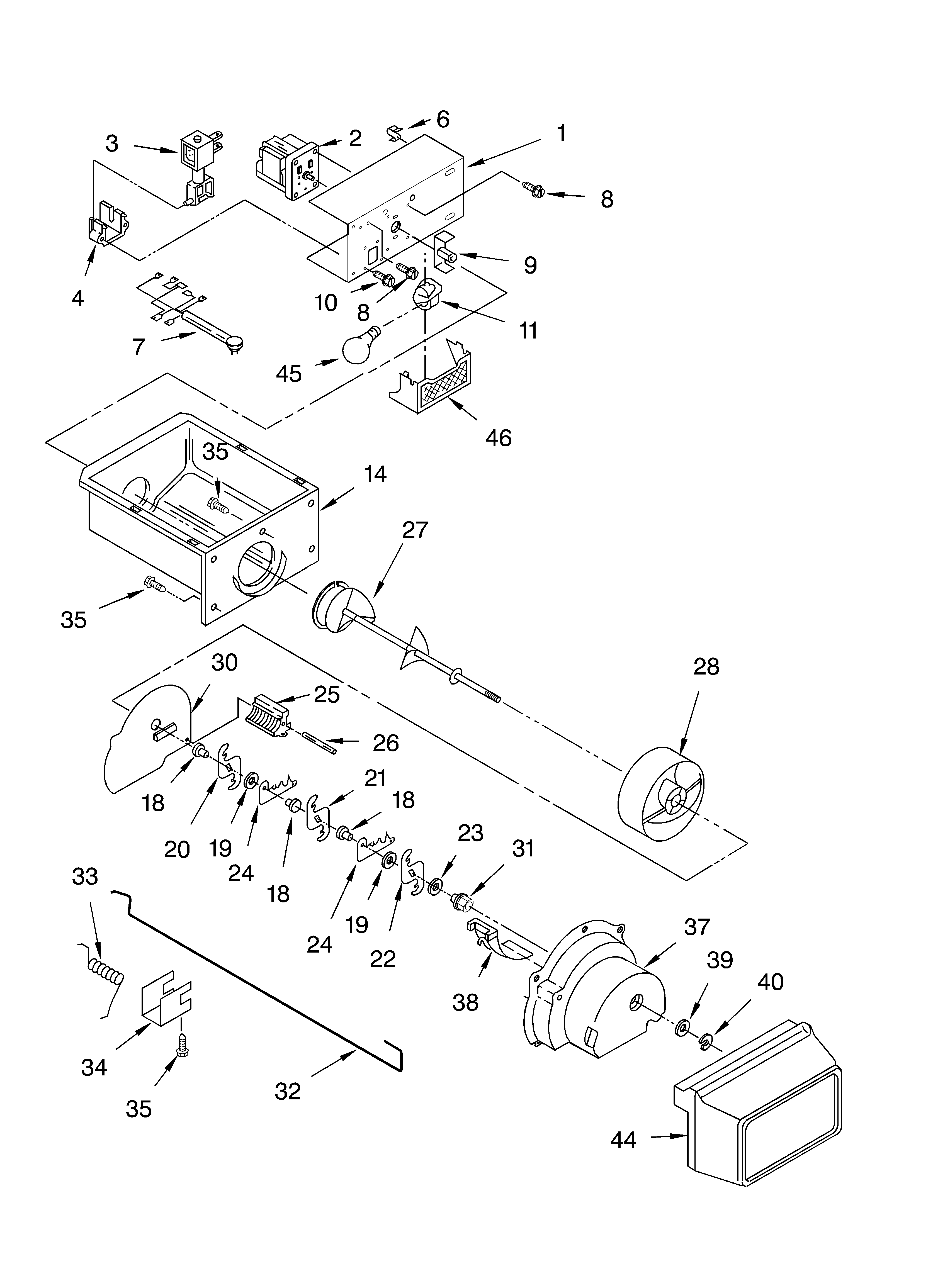 Whirlpool ED5CHQXKB01 motor and ice container diagram