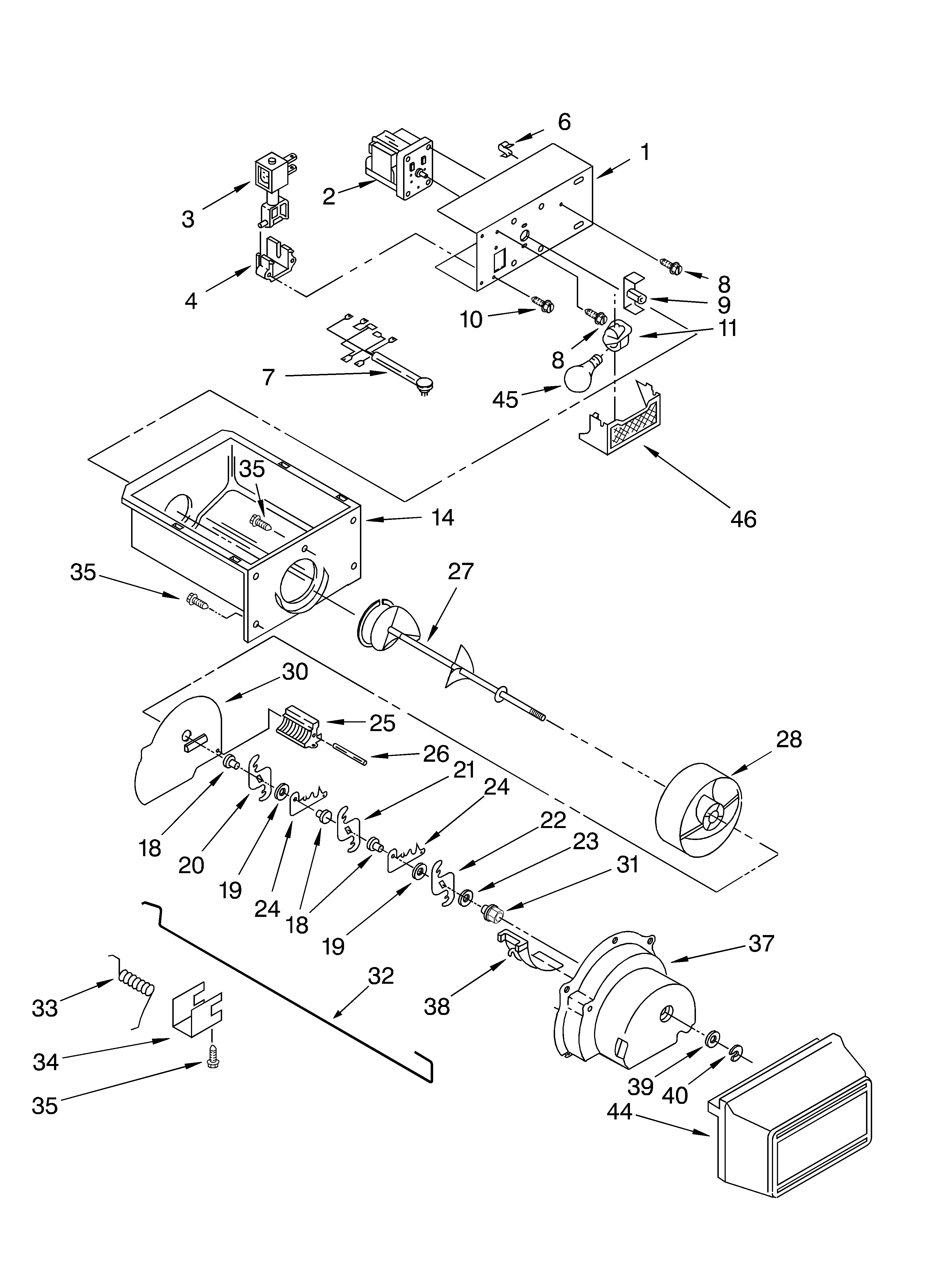 Whirlpool ED5GTQXKT01 motor and ice container diagram