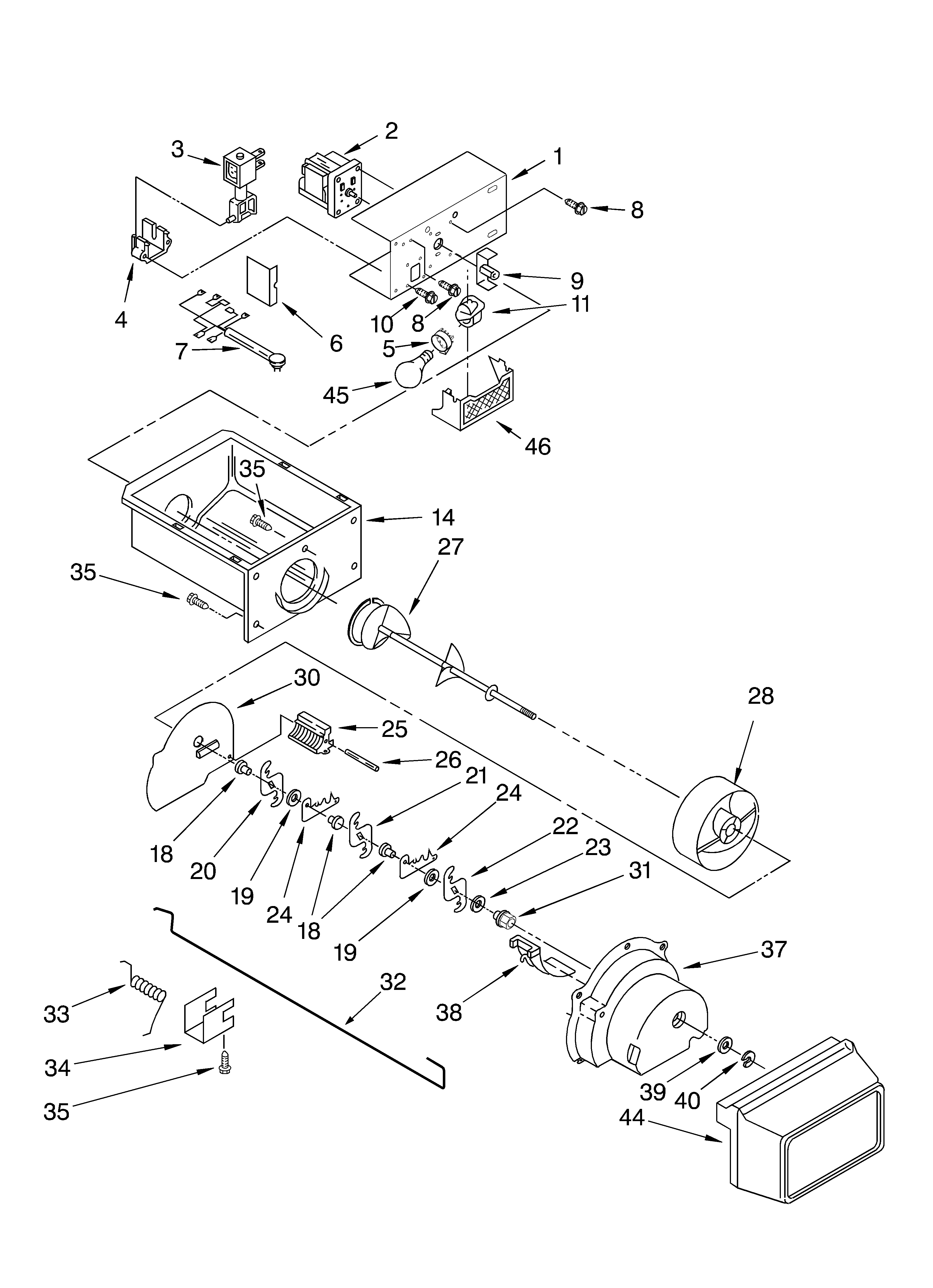 Whirlpool 6GD5SHQXKB00 motor and ice container diagram