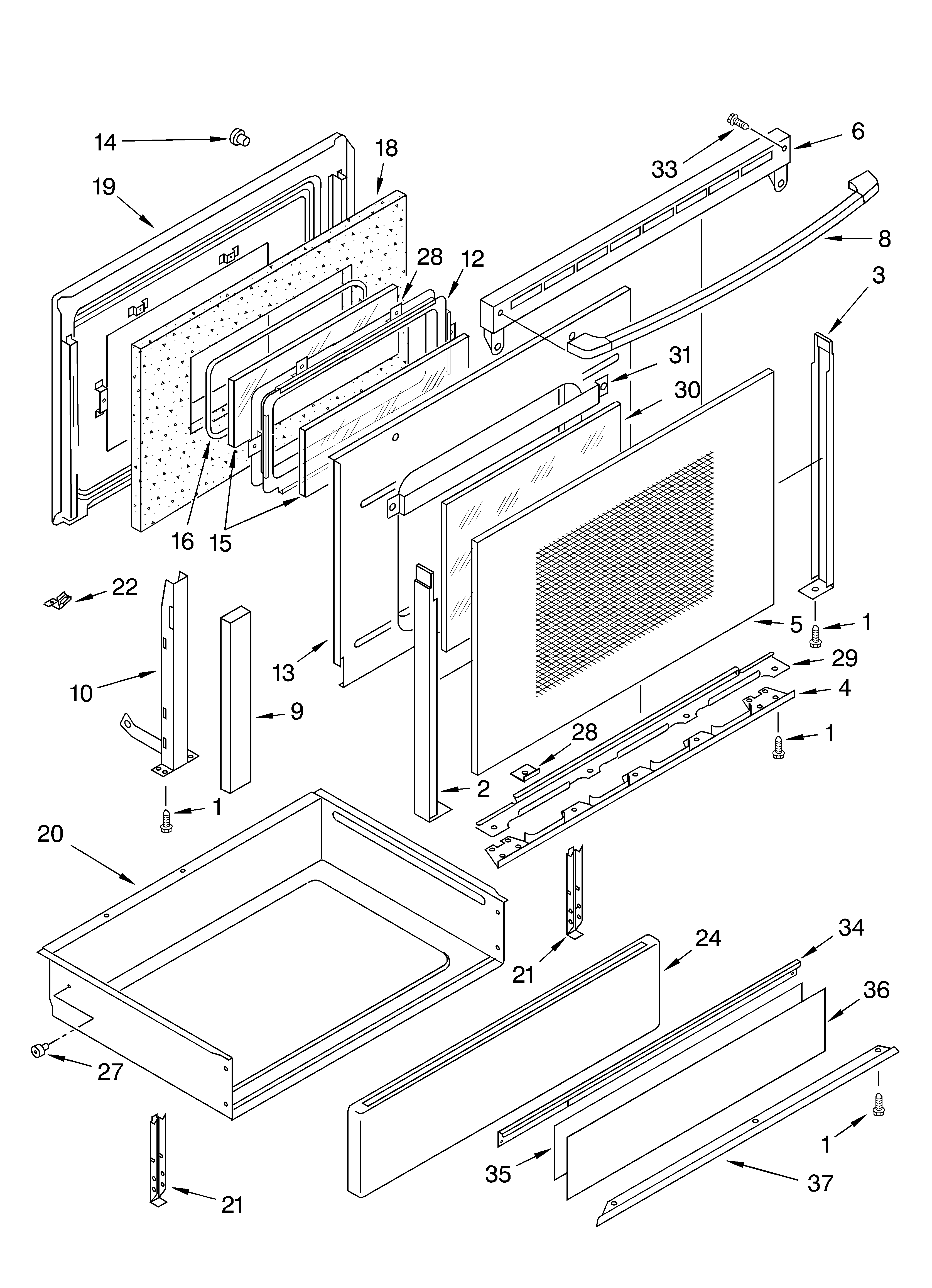 KitchenAid KESH307HBL0 door and drawer diagram