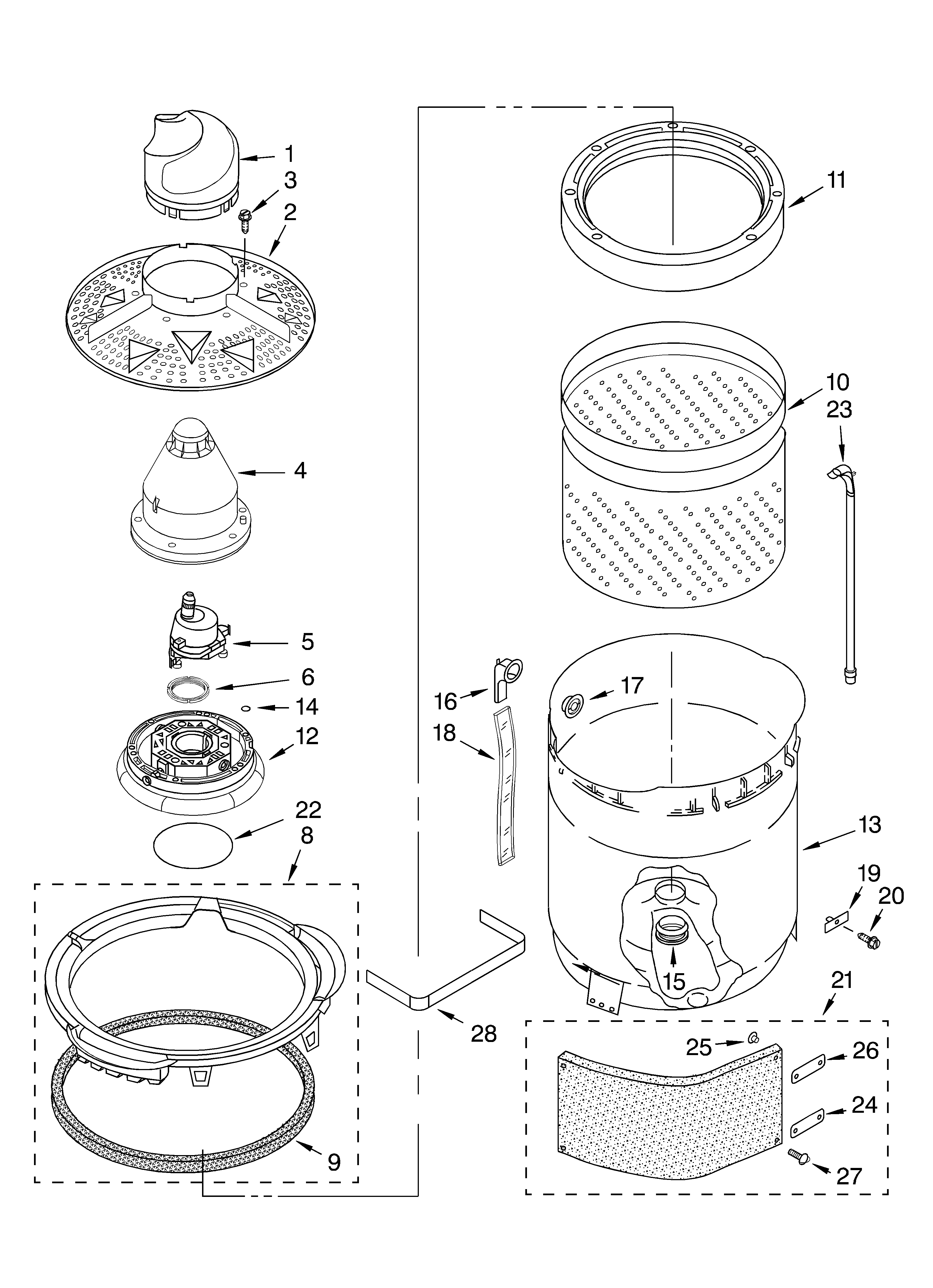 Whirlpool GVW9959KT2 washplate, basket and tub diagram