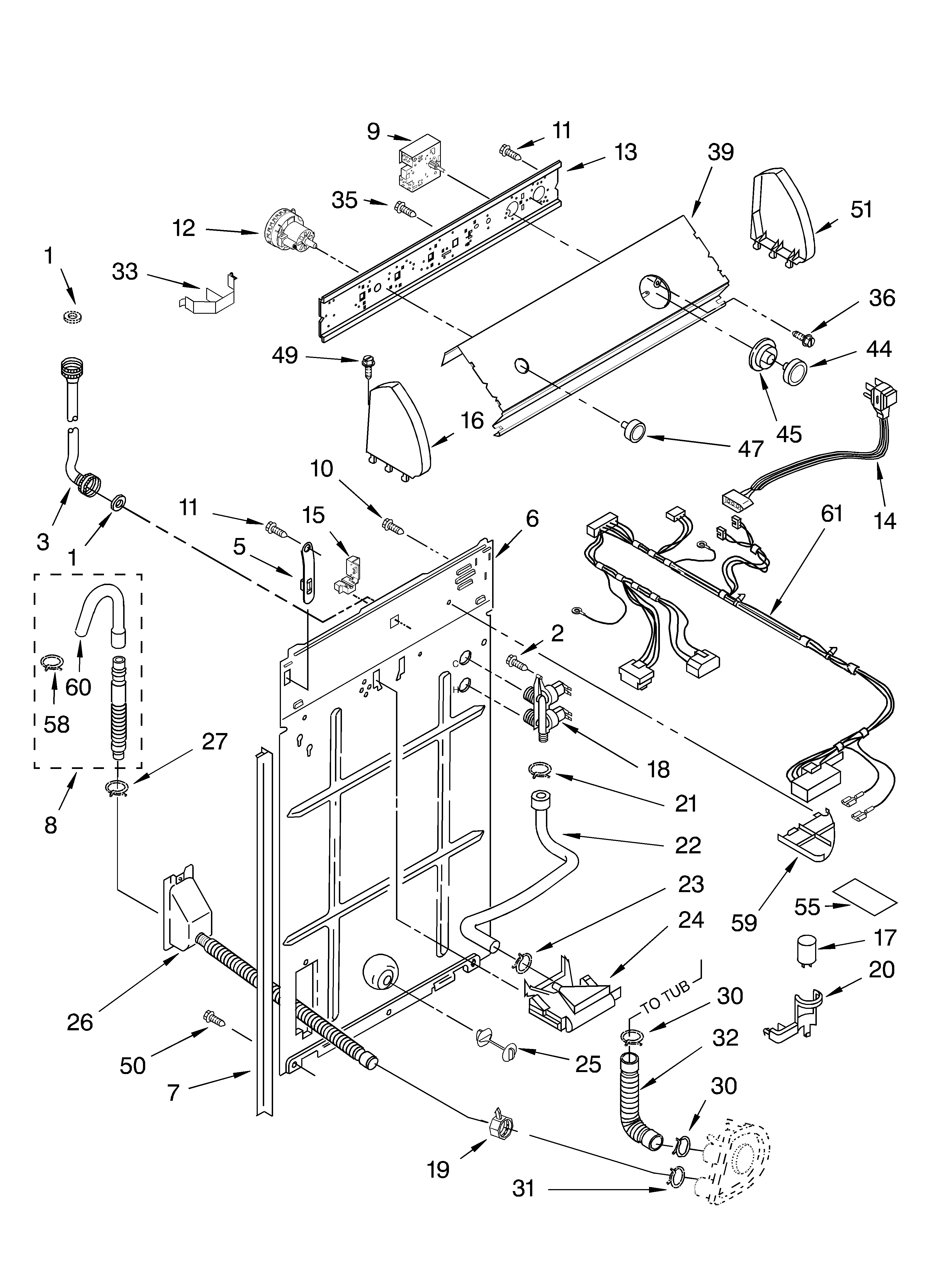 Whirlpool LSR5232LQ0 controls and rear panel diagram