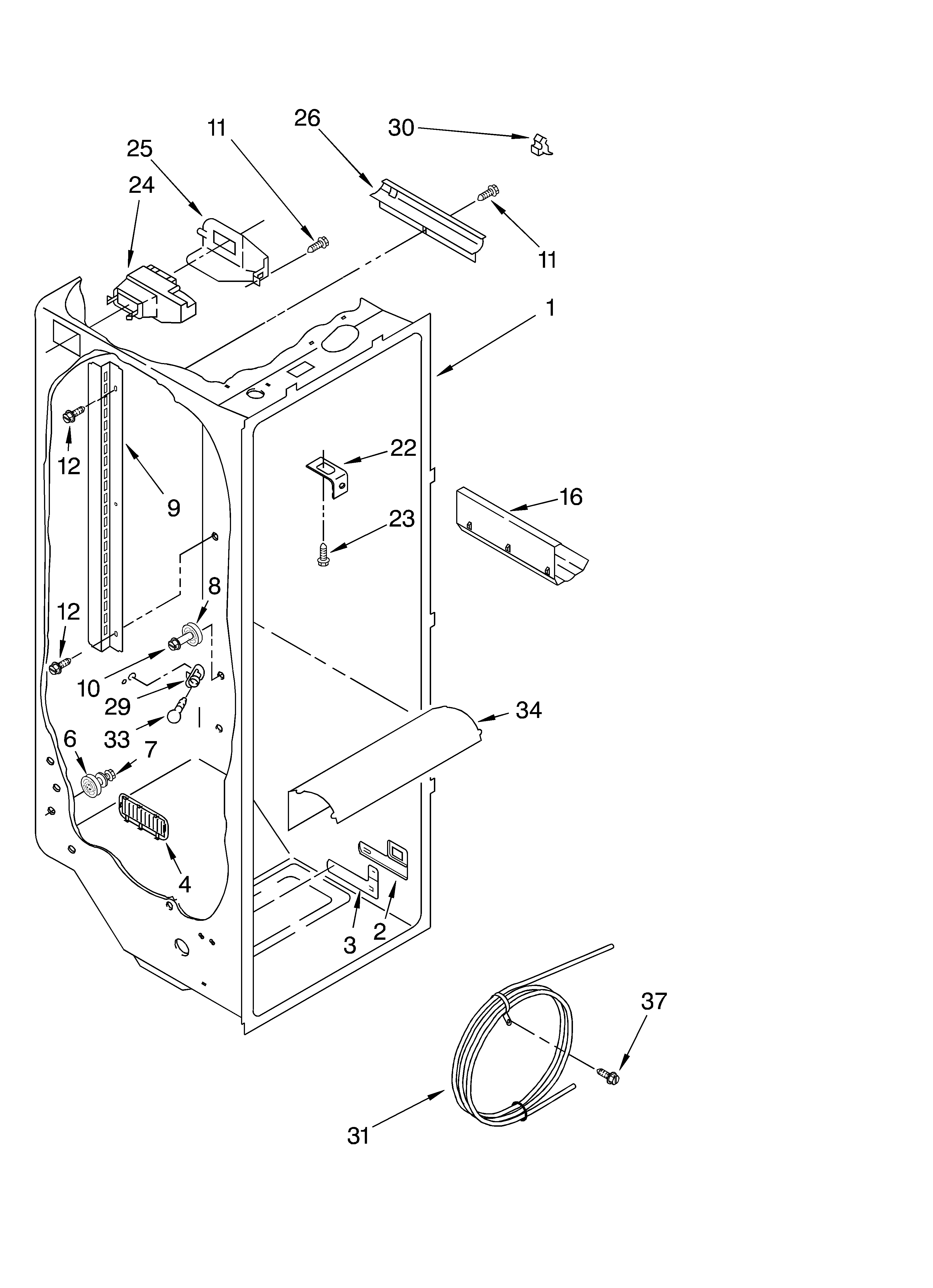 KitchenAid KSRU25FKBT02 refrigerator liner diagram