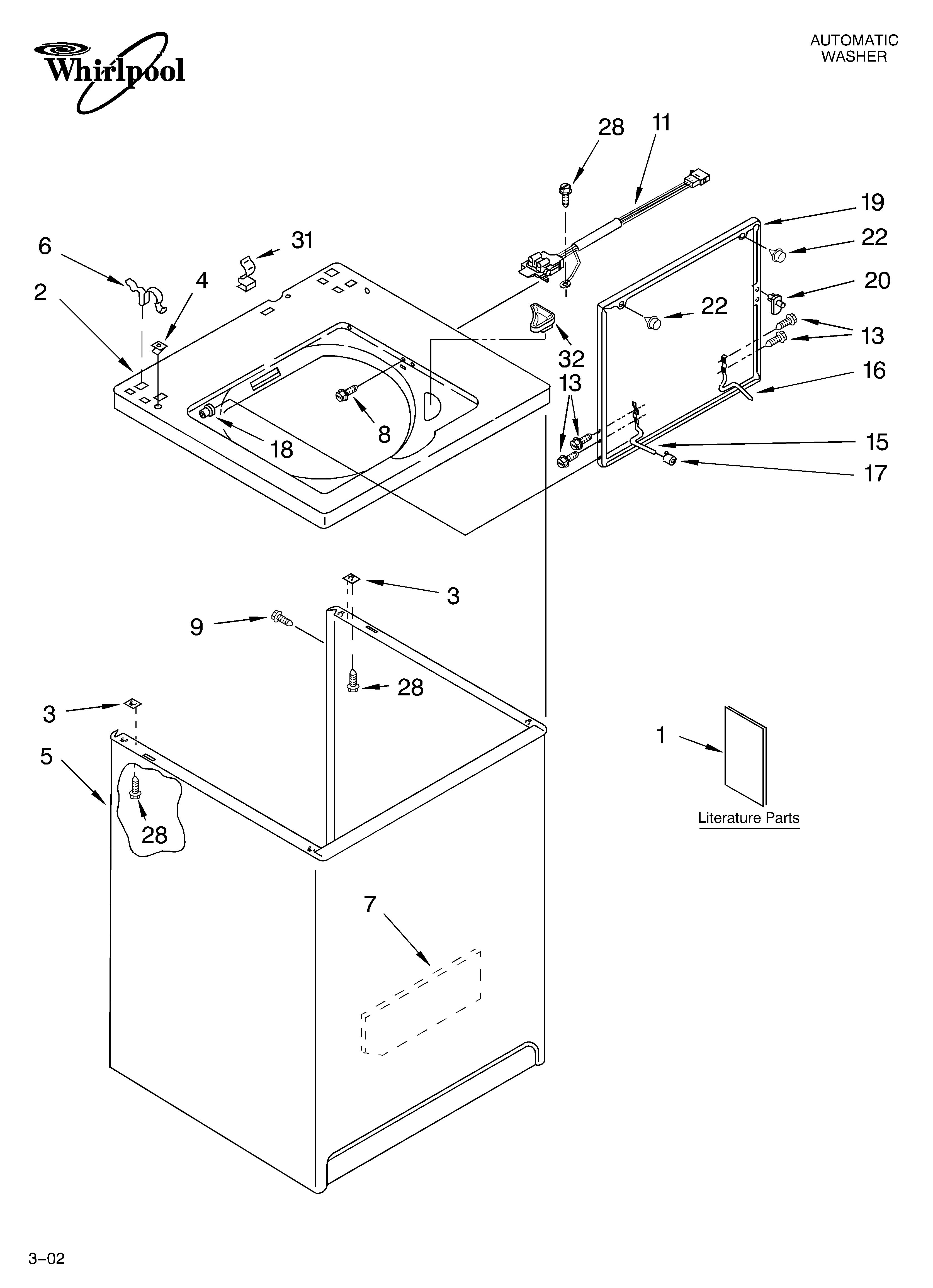 Whirlpool LSQ9500LT0 top and cabinet/literature diagram