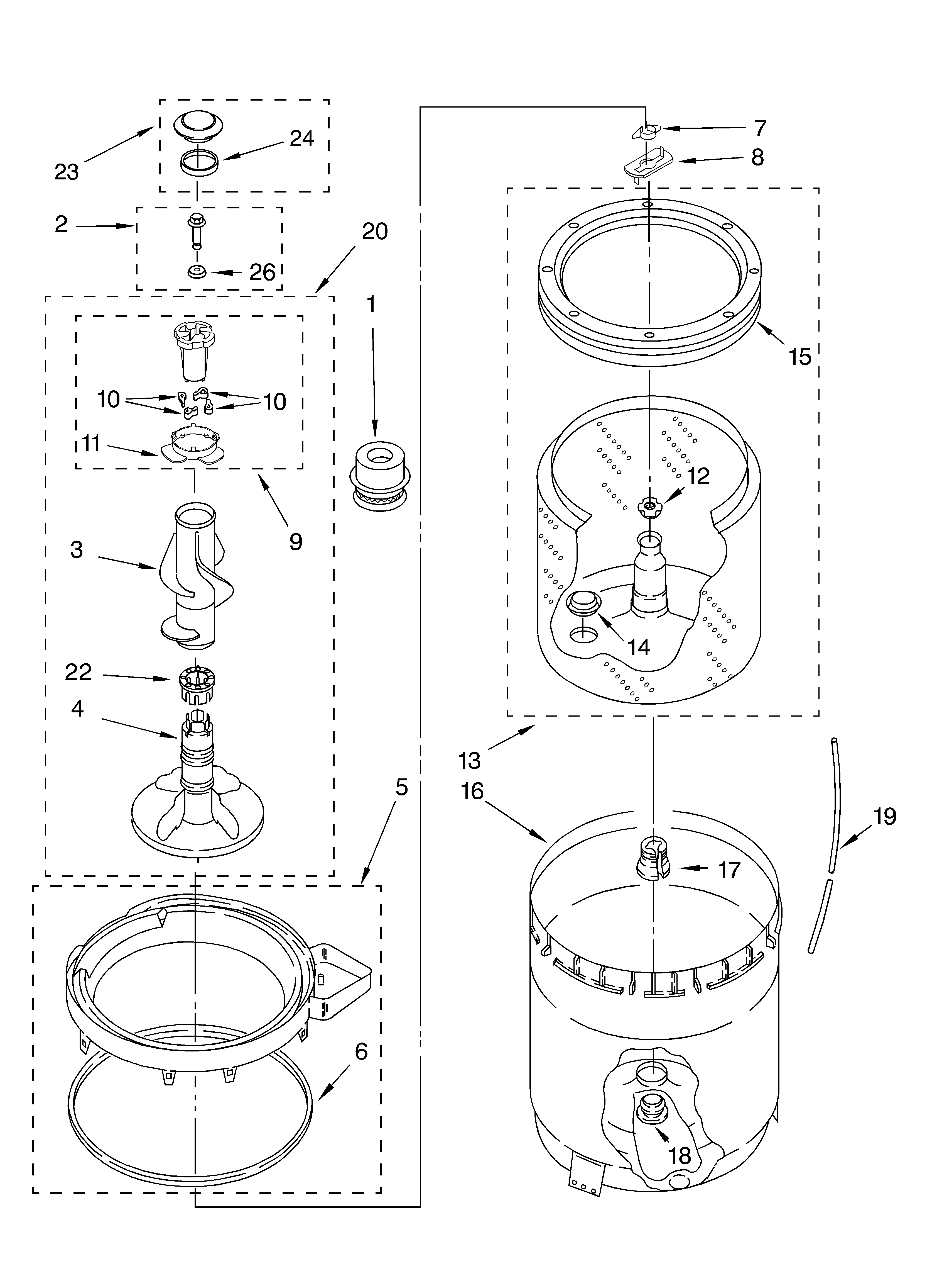 Whirlpool LSQ9500LT0 agitator, basket and tub diagram