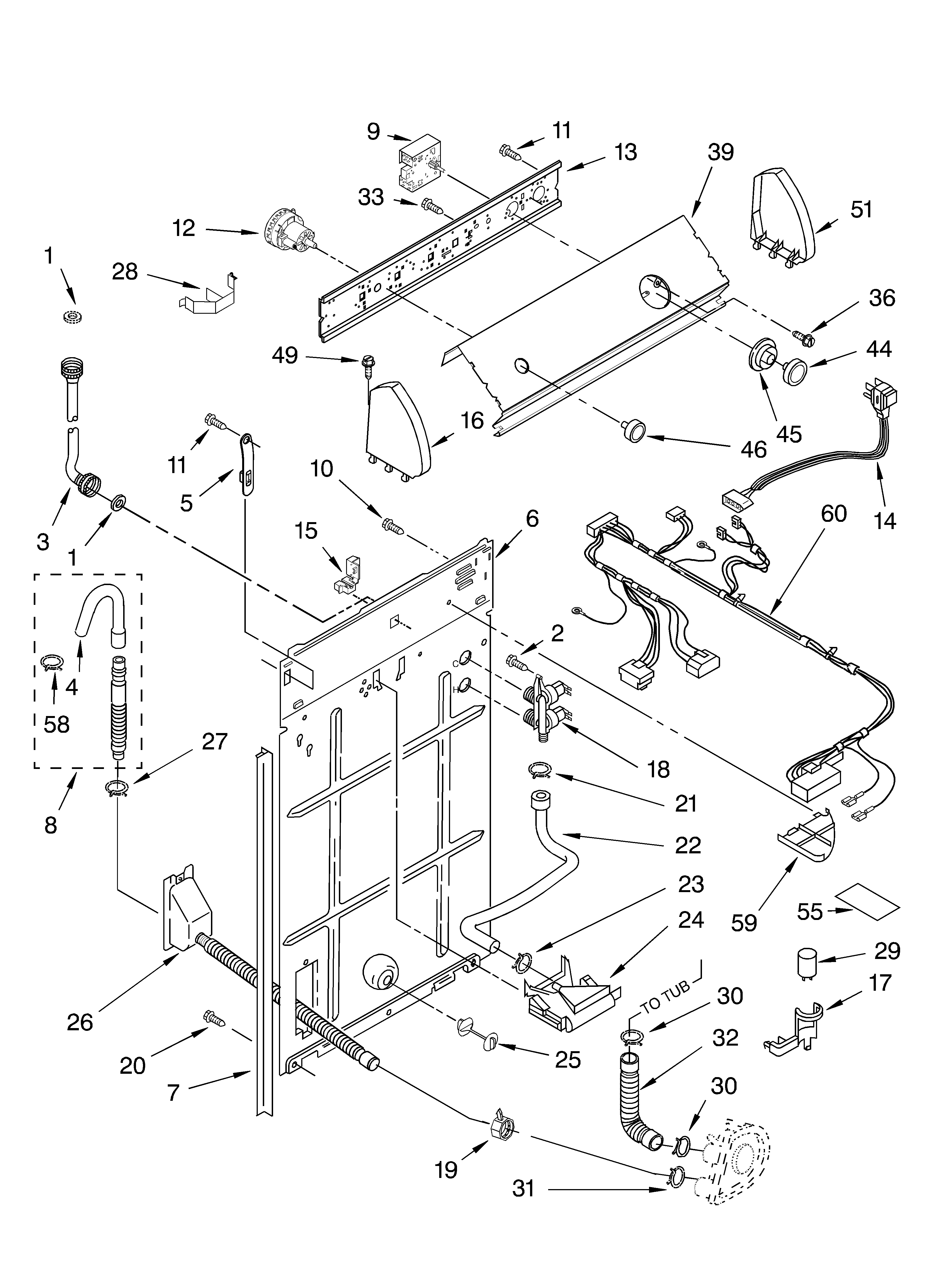 Whirlpool LSR5132JQ2 controls and rear panel diagram
