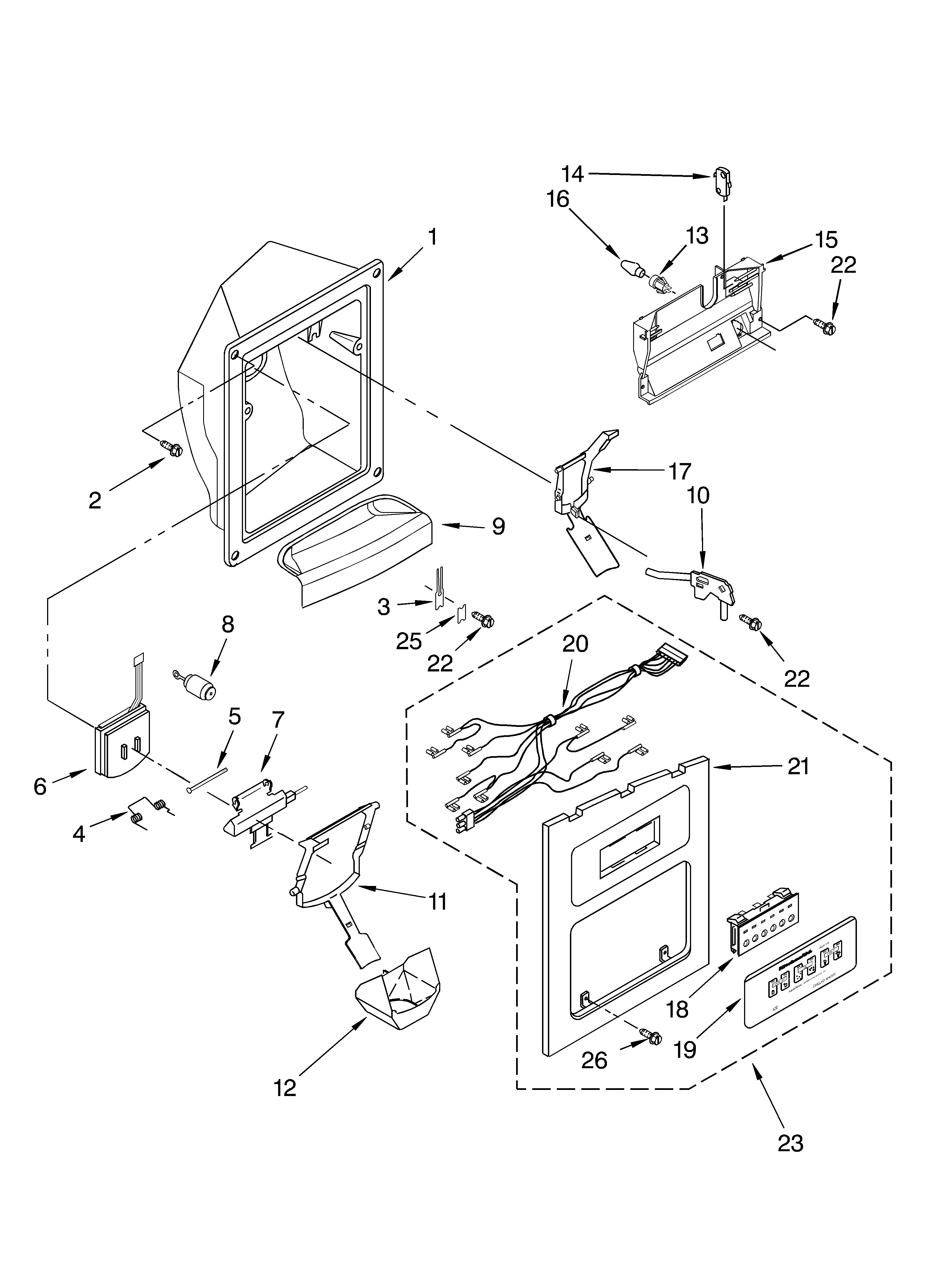 KitchenAid KSRU25ILBT01 dispenser front diagram