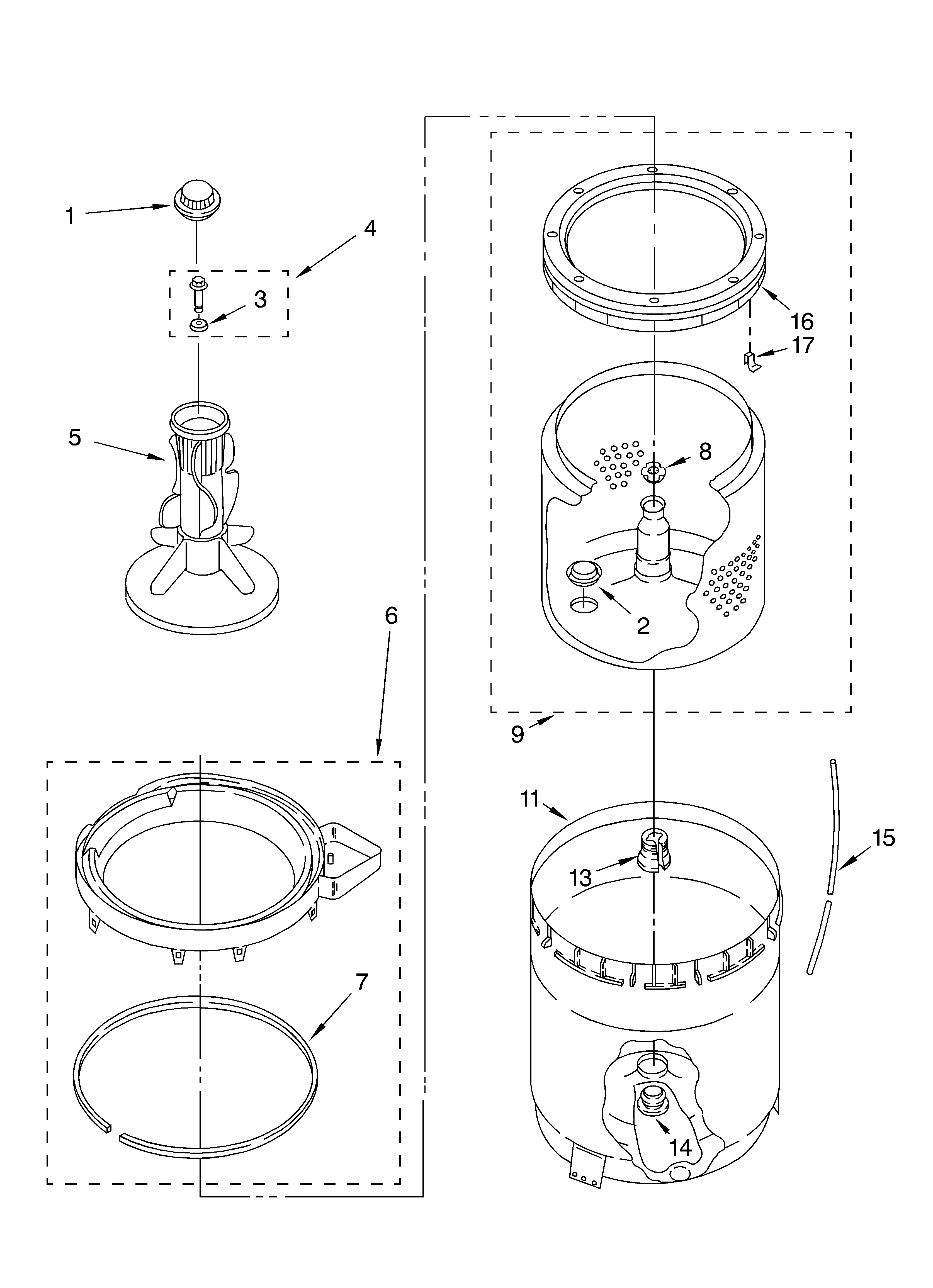 Whirlpool CAM2762KQ0 agitator, basket and tub diagram