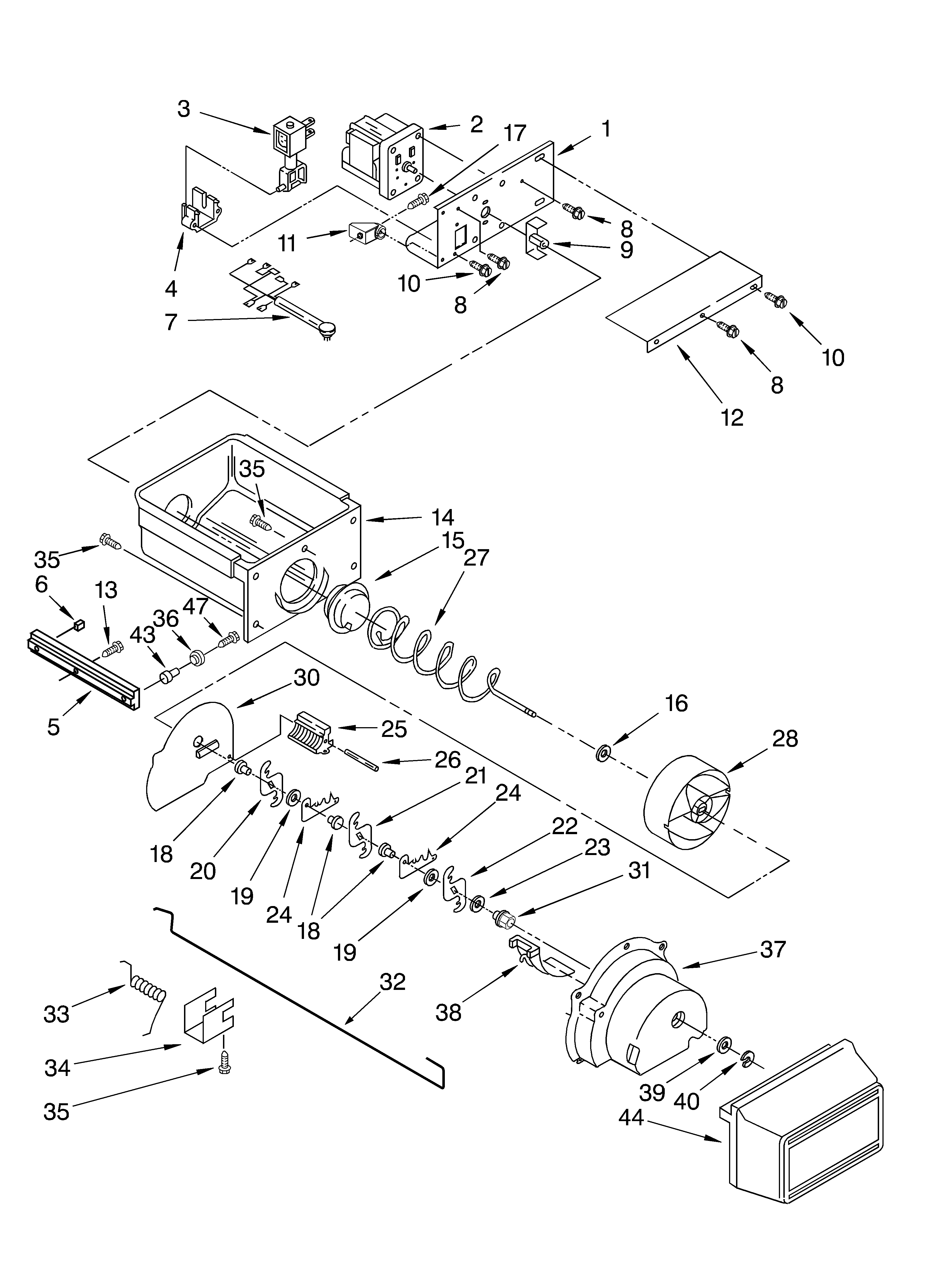 KitchenAid KSSP36QKS01 motor and ice container diagram