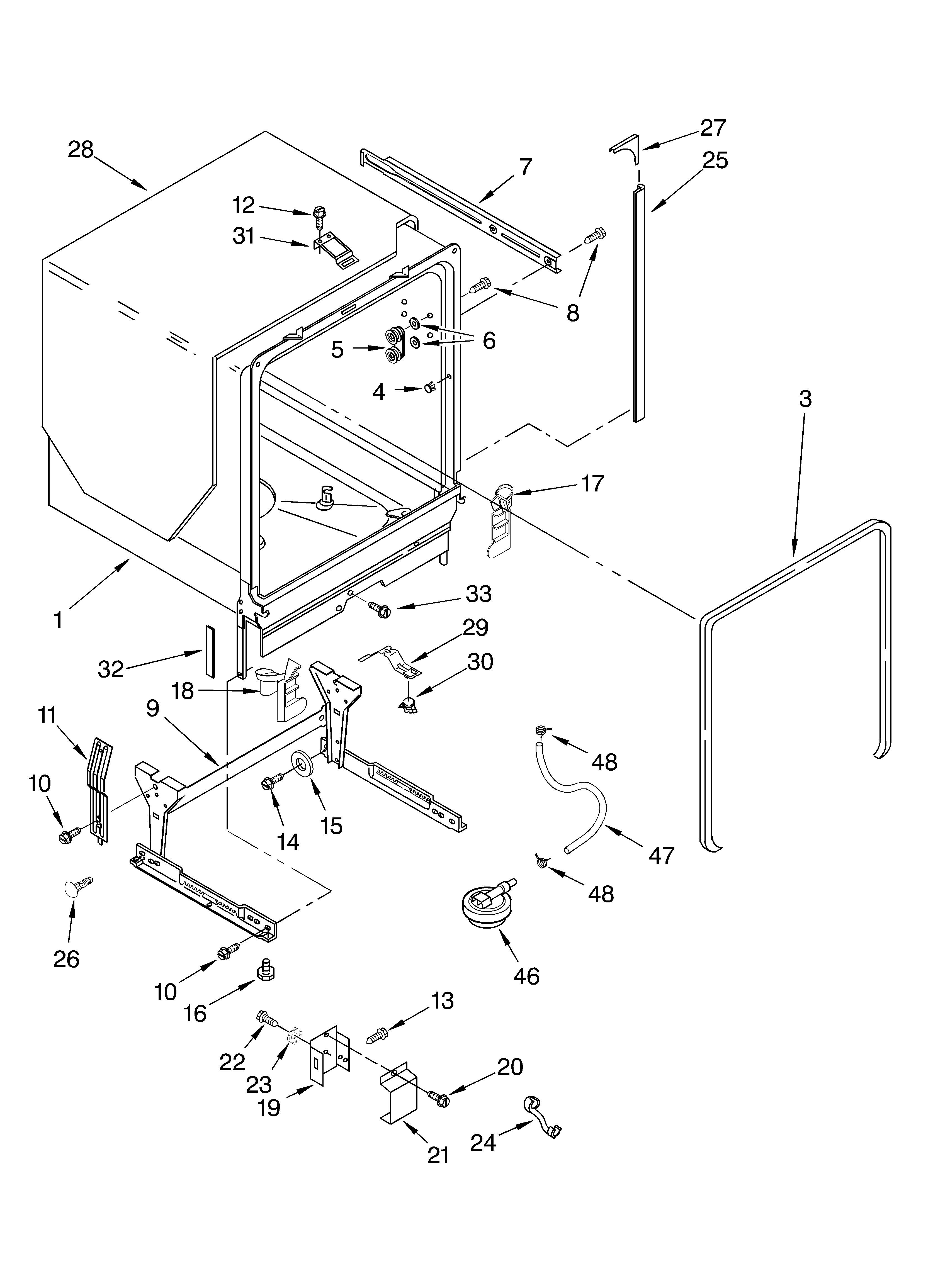 KitchenAid KUDC25CHWH1 tub and frame diagram