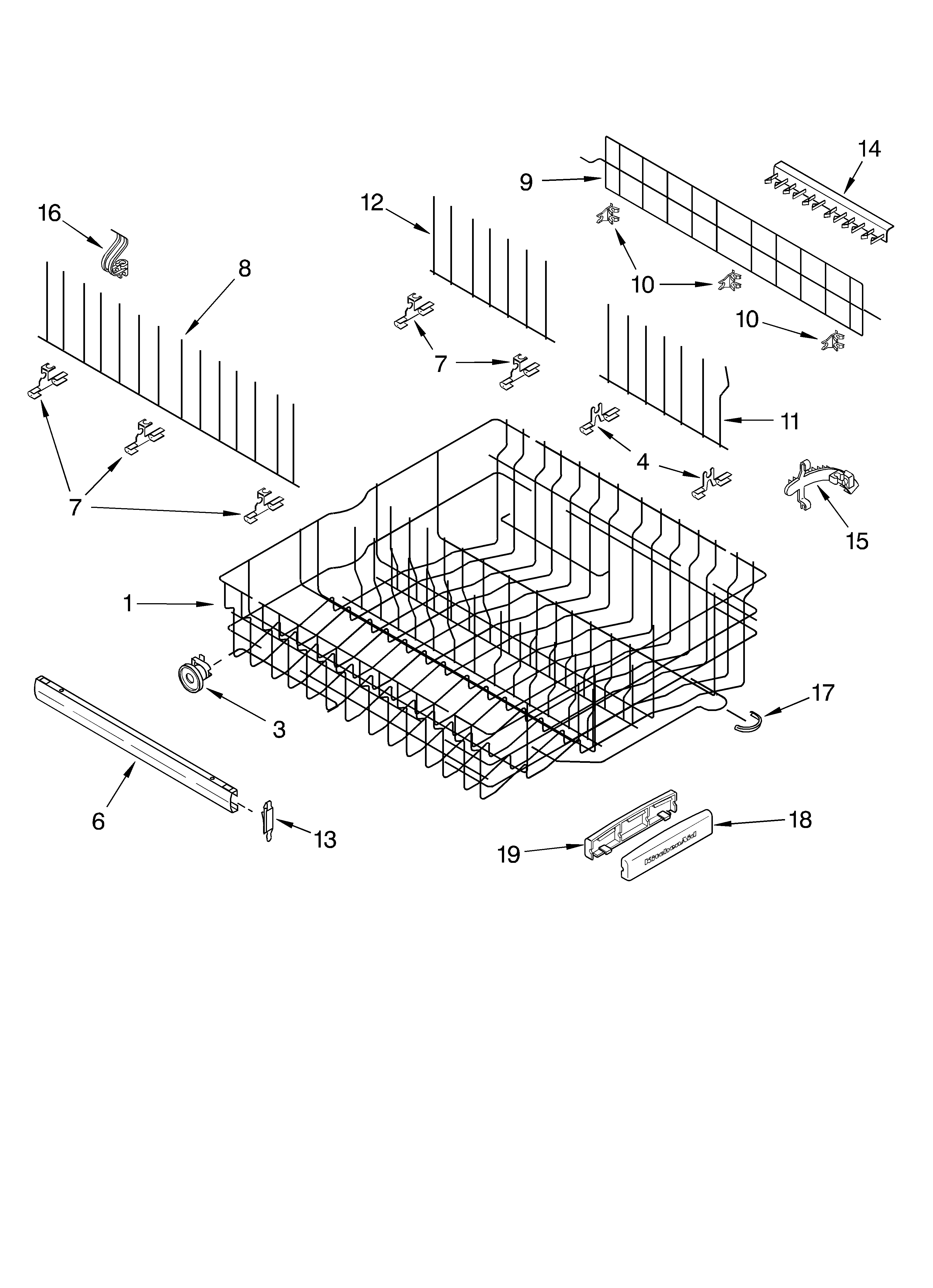 KitchenAid KUDC25CHWH1 upper rack and track diagram