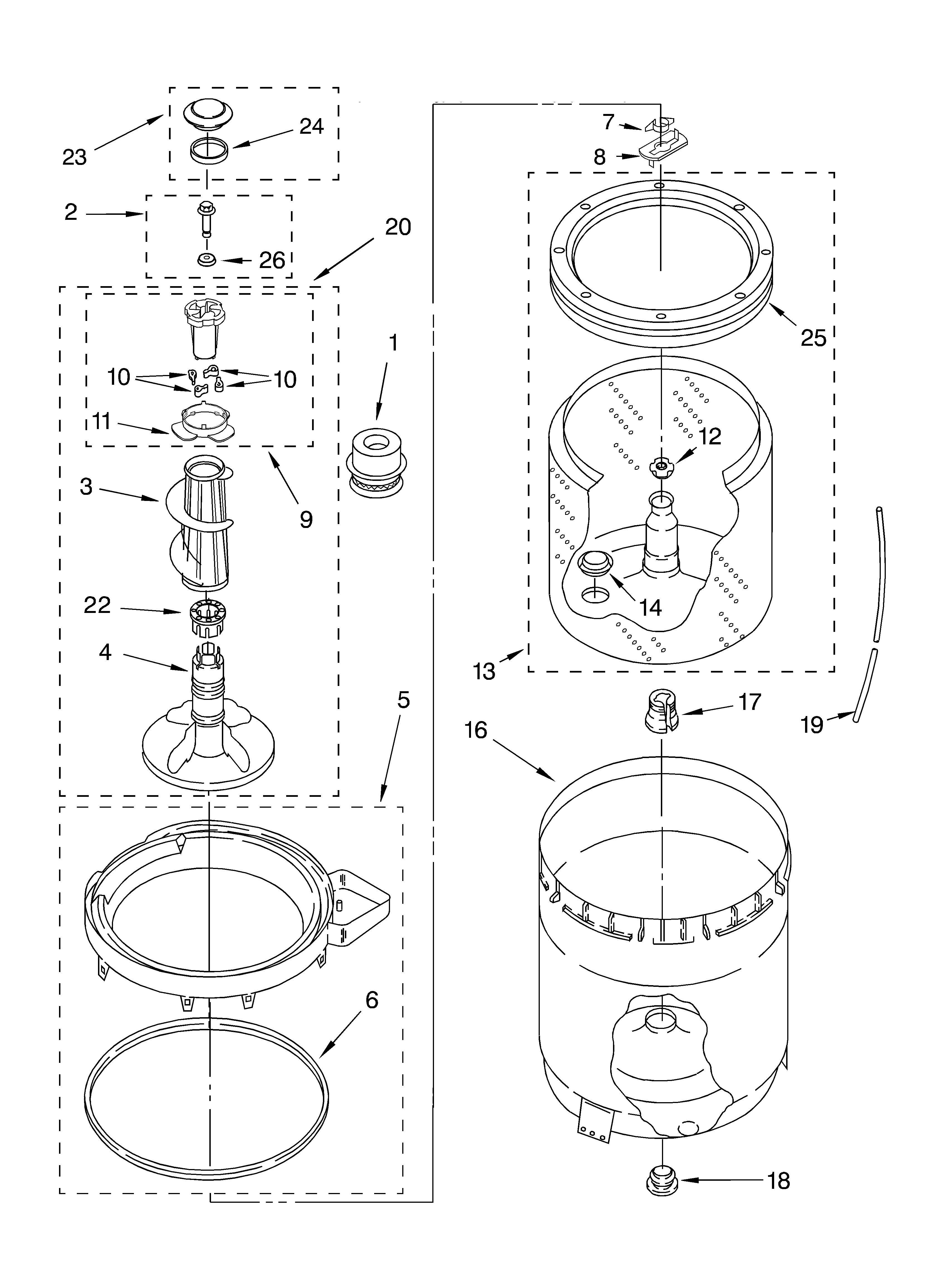 Whirlpool GSQ9632LW0 agitator, basket and tub diagram