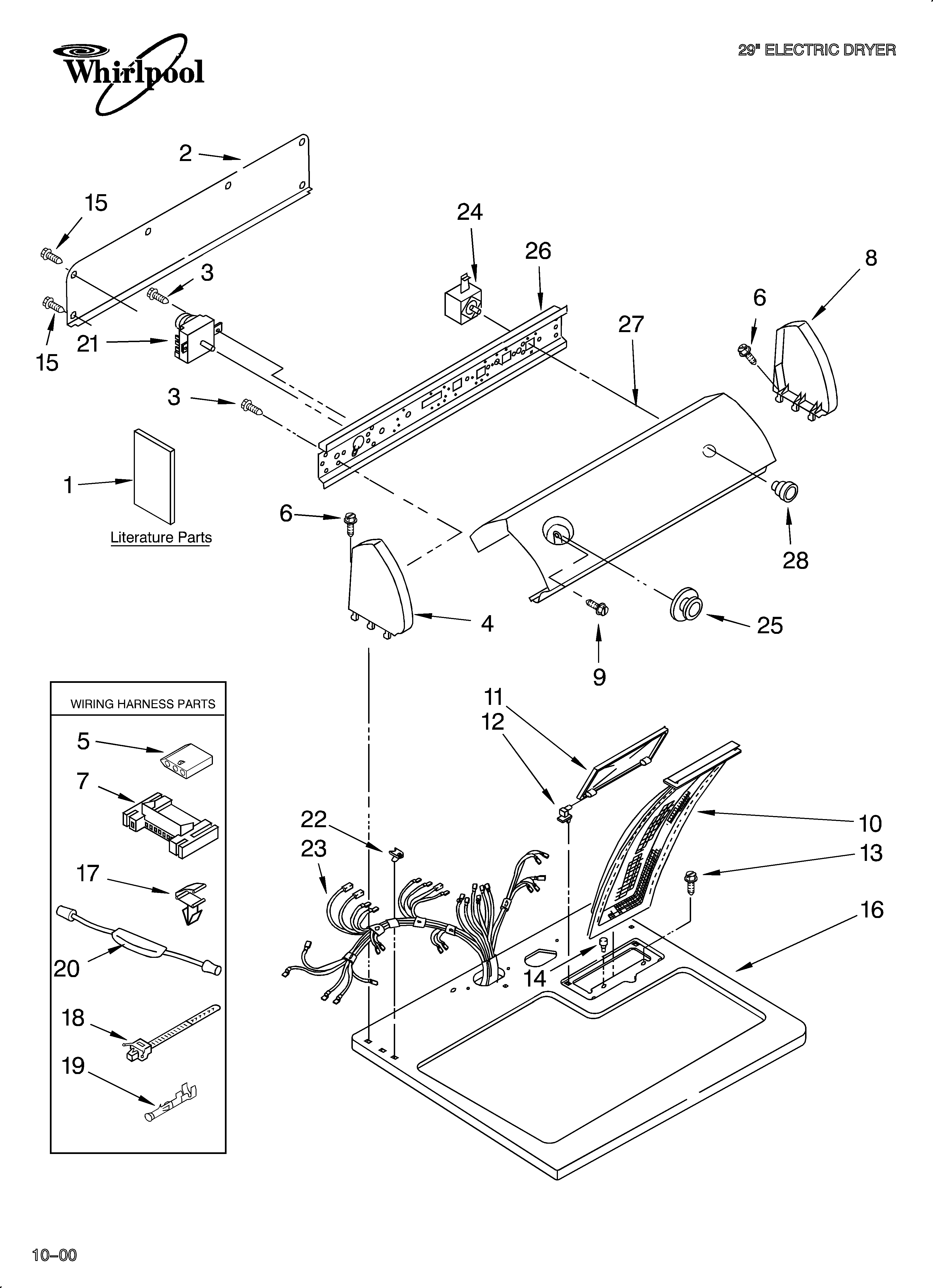 Whirlpool LEV4634JQ0 top and console/literature diagram