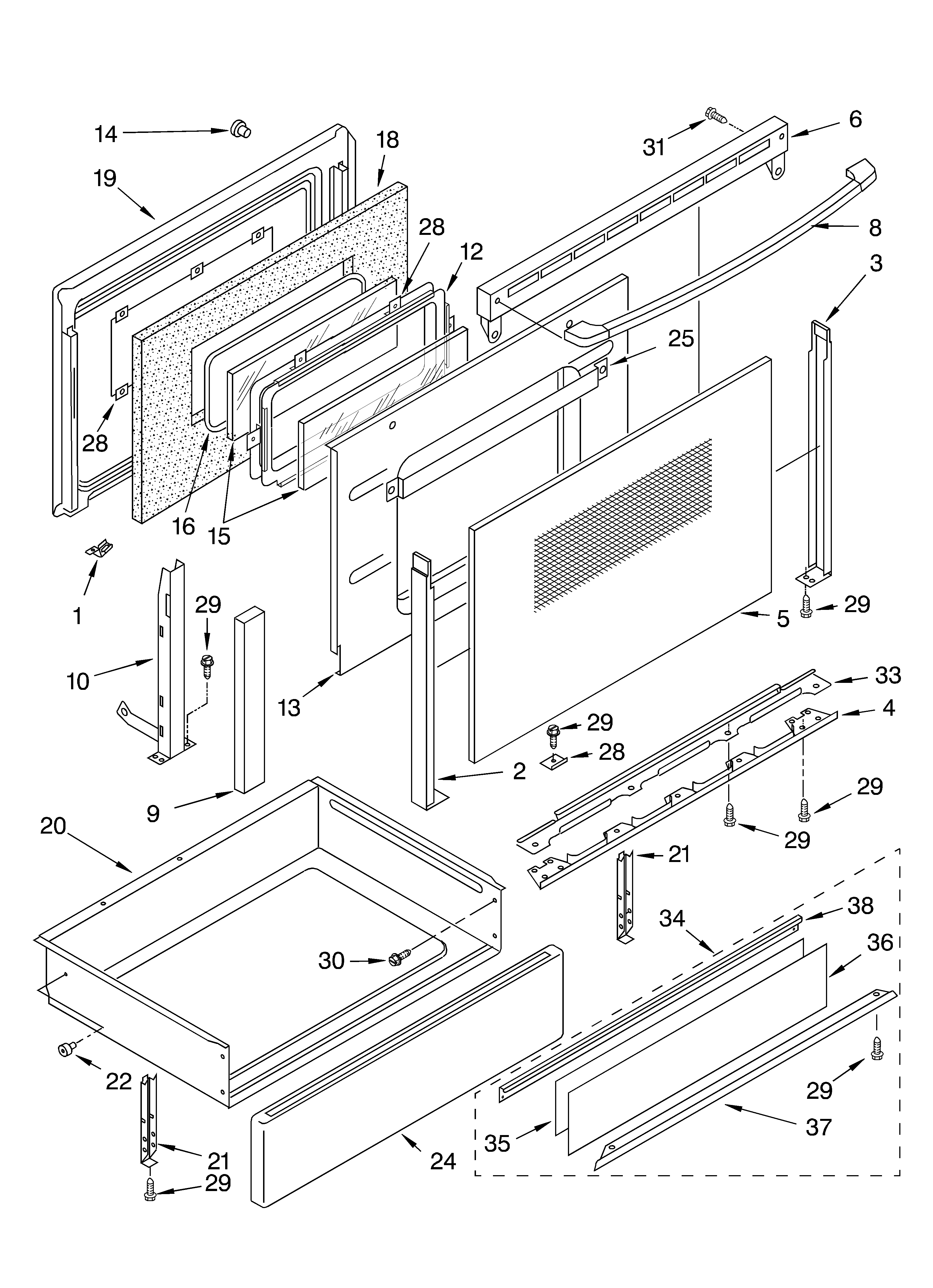 KitchenAid KERC607HBT6 door and drawer diagram