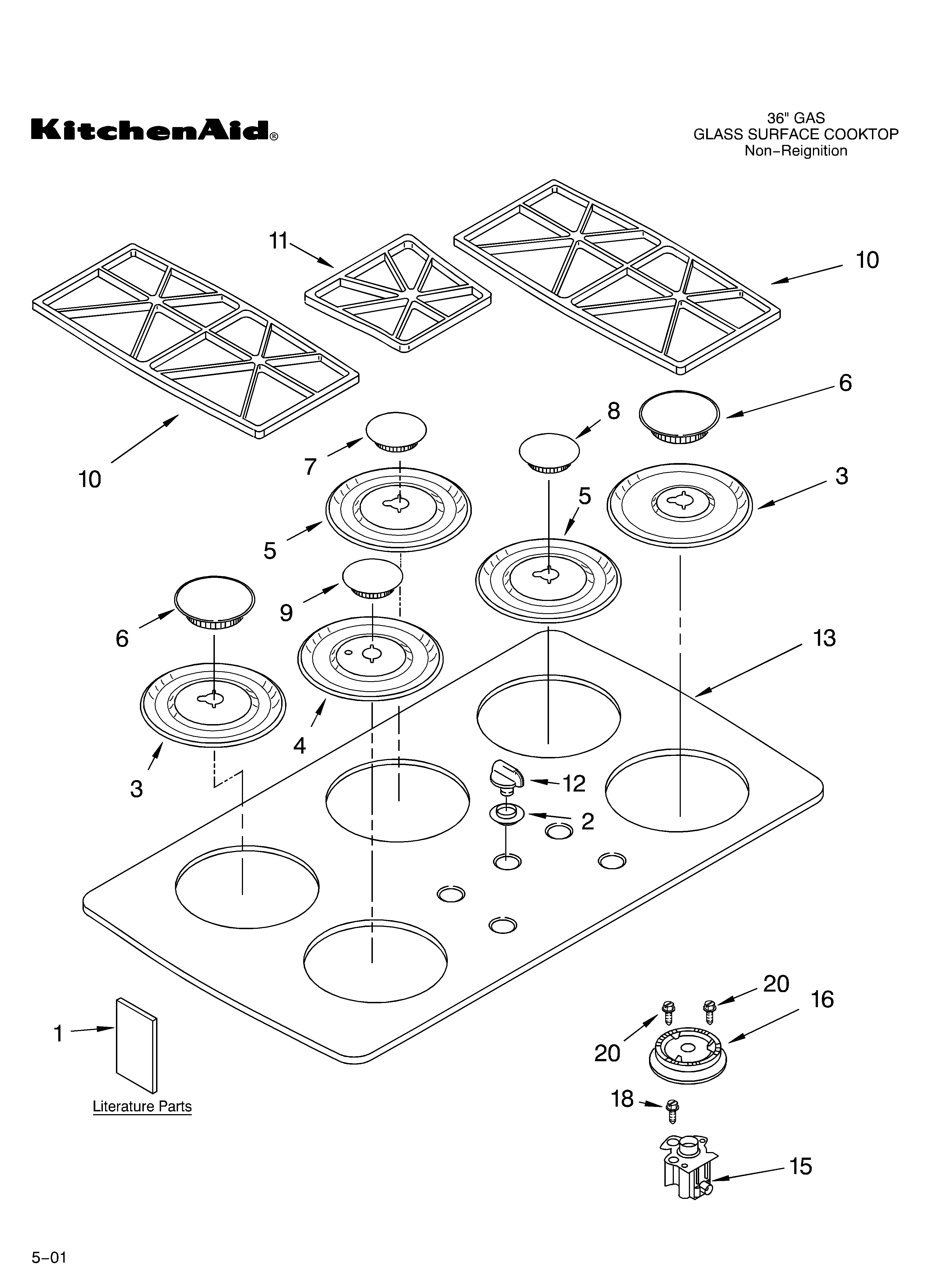 KitchenAid KGCT366GBL2 cooktop, burner, and grate/literature diagram