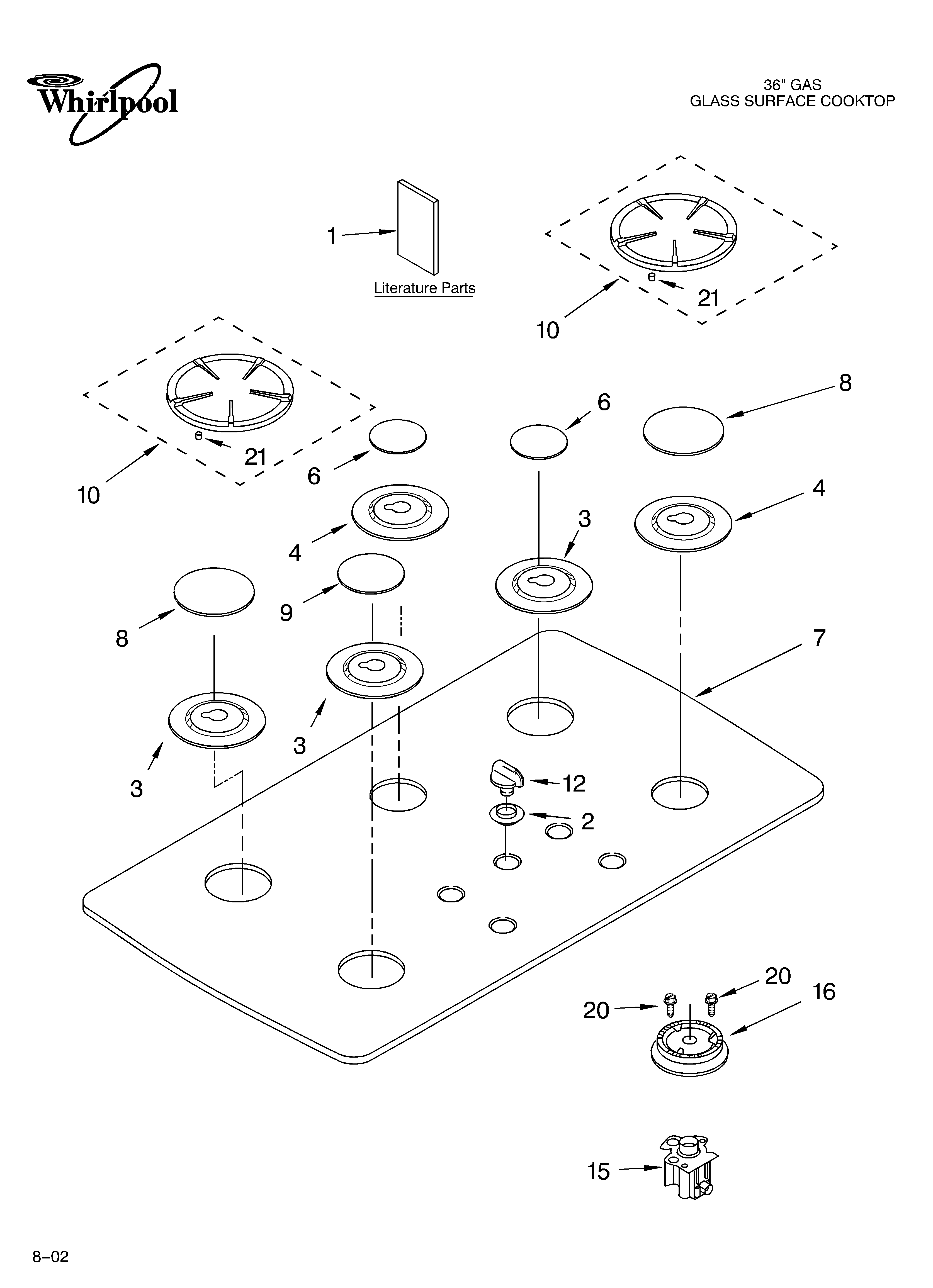 Whirlpool GLT3615LB0 cooktop, burner, and grate/literature diagram