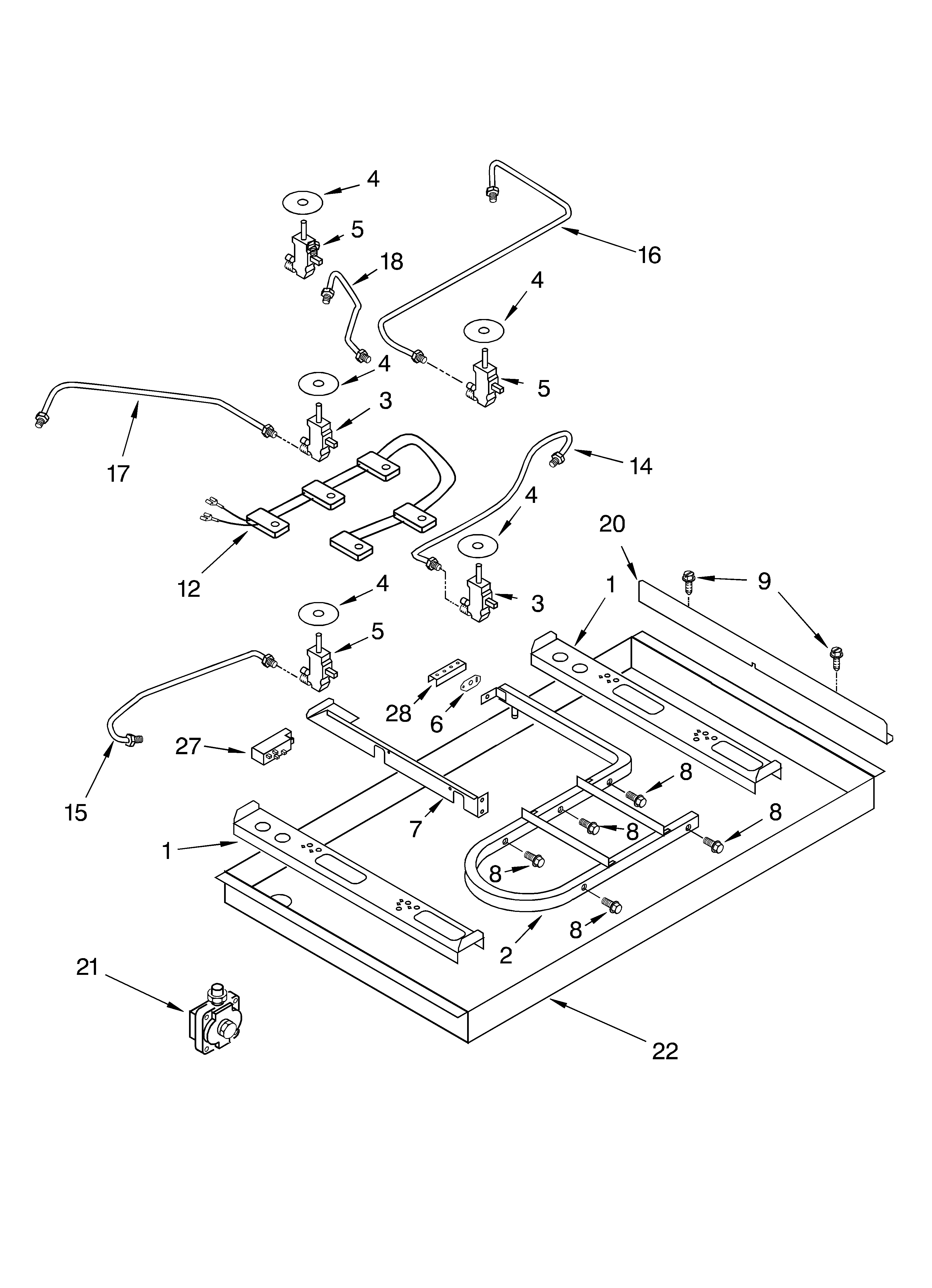 Whirlpool GLT3615LB0 burner box, gas valves, and switches diagram