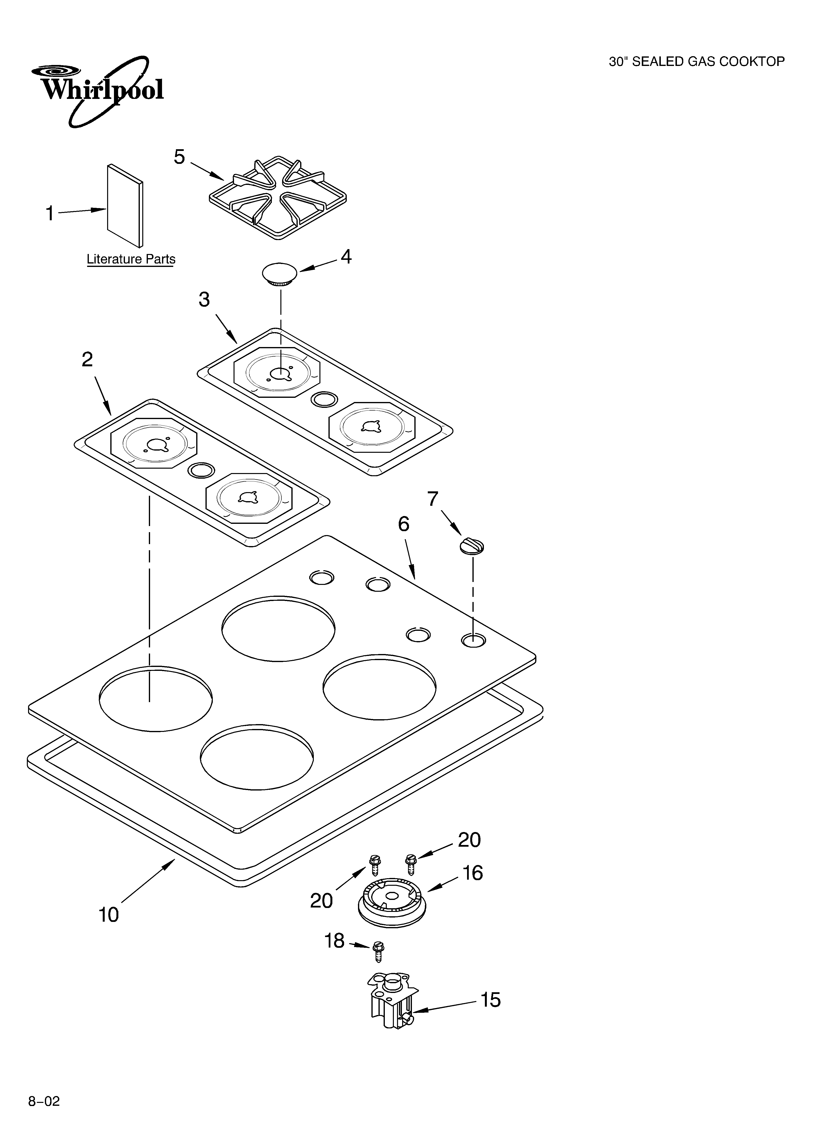 Whirlpool GLT3634LT0 cooktop, burner, and grate/literature diagram