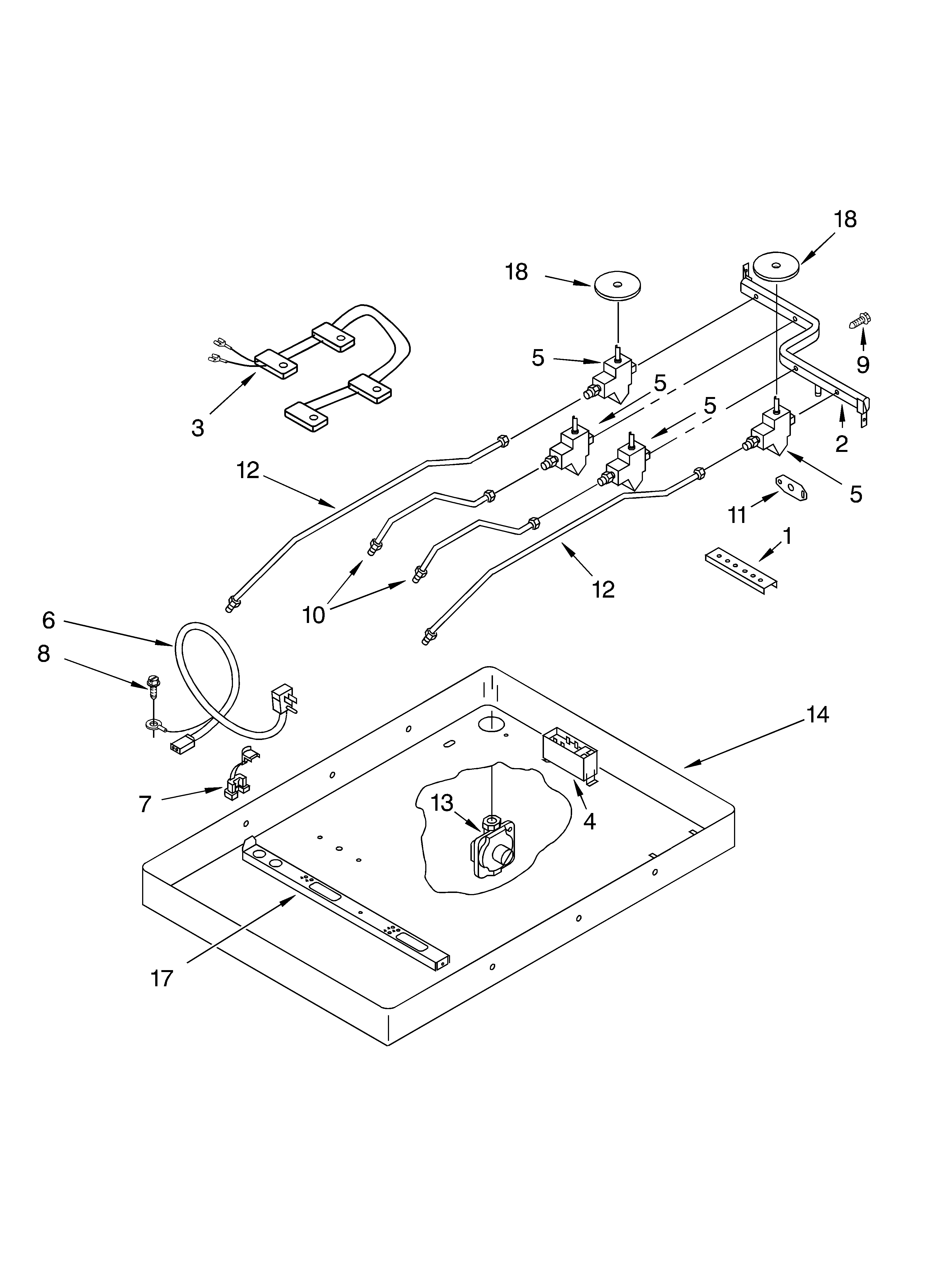 Whirlpool GLT3634LT0 burner box, gas valves, and switches diagram