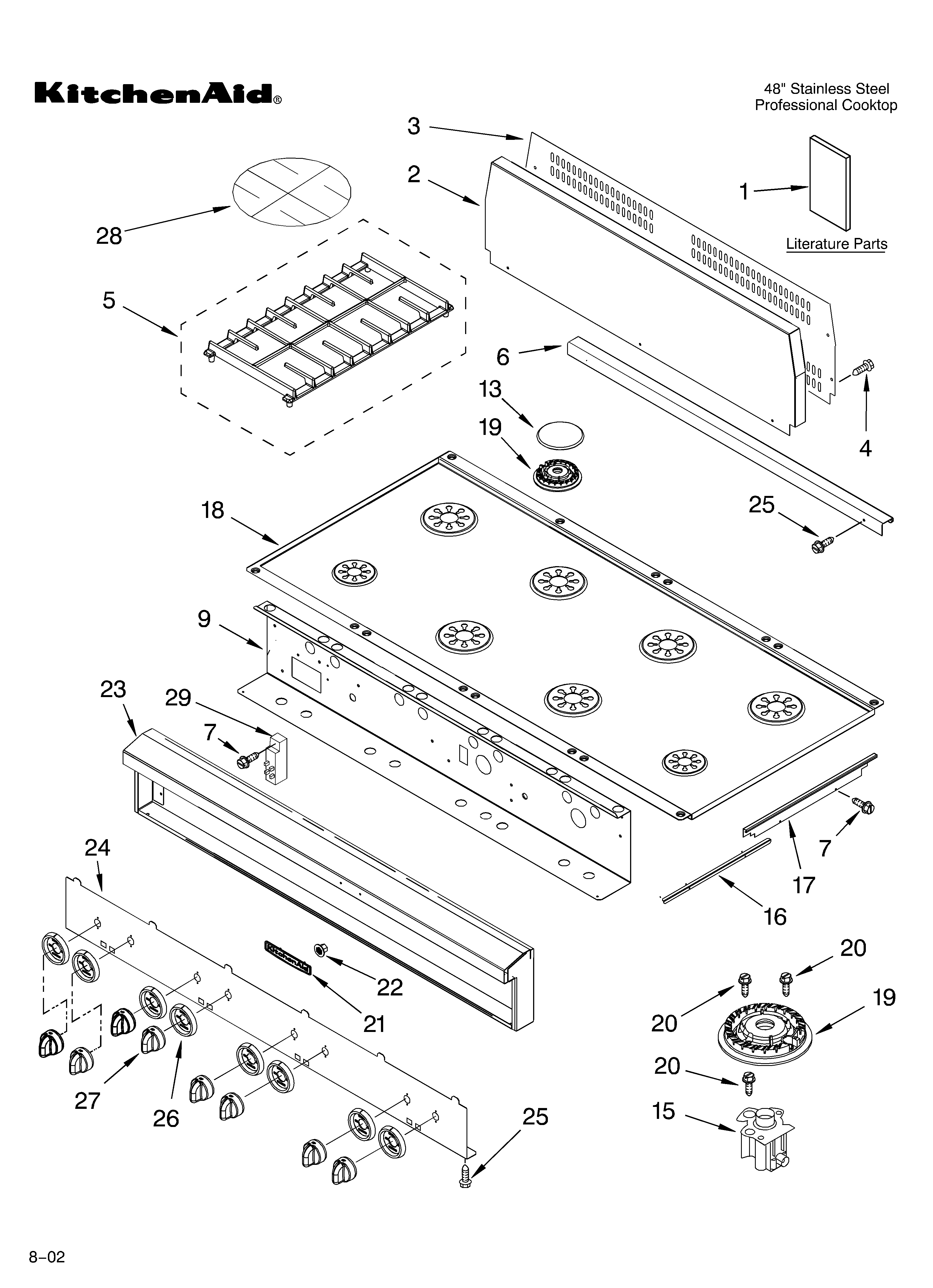 KitchenAid KGCP487JSS3 cooktop, burner, and grate/literature diagram