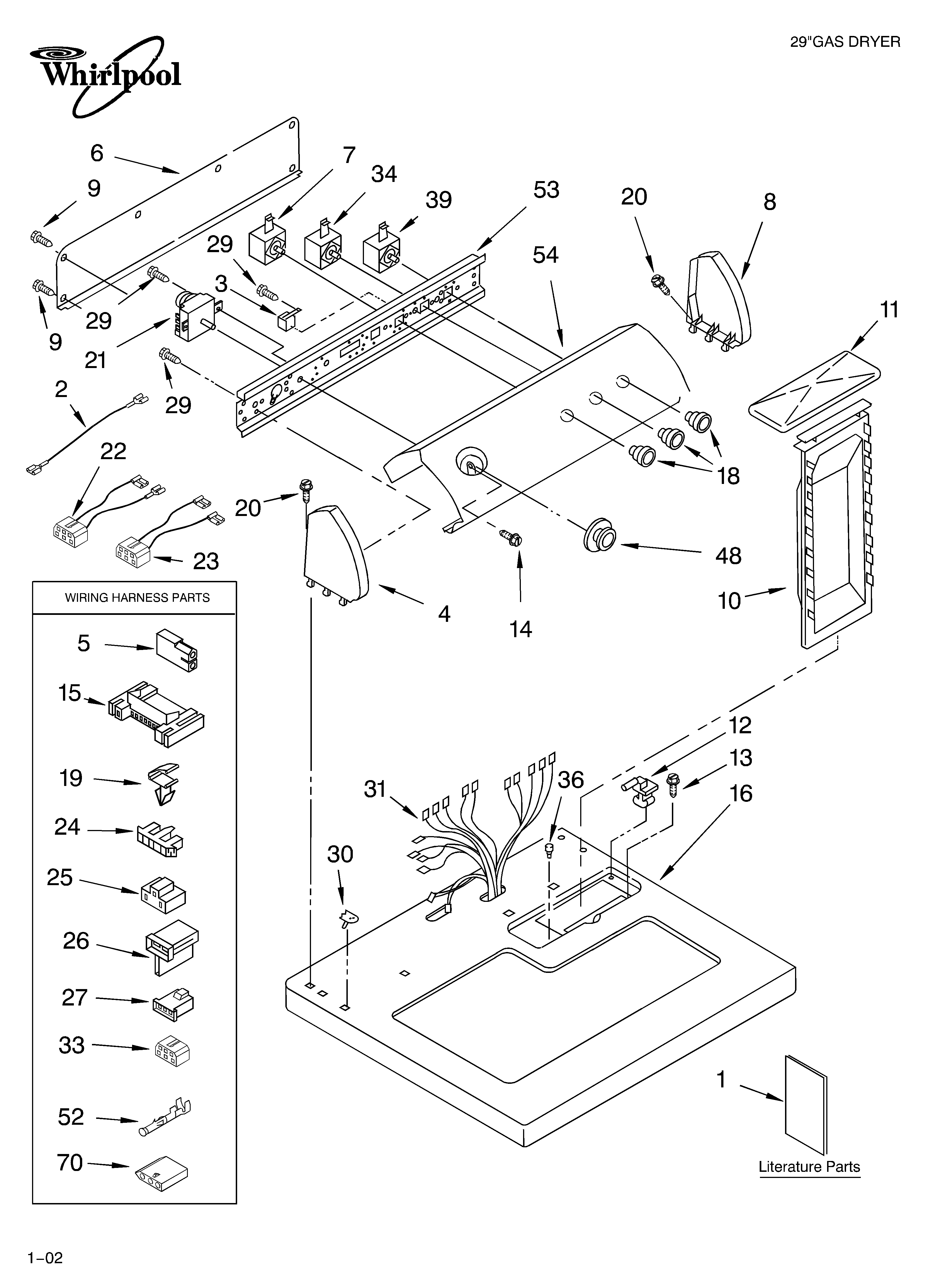 Whirlpool LGB6200KQ1 top and console/literature diagram