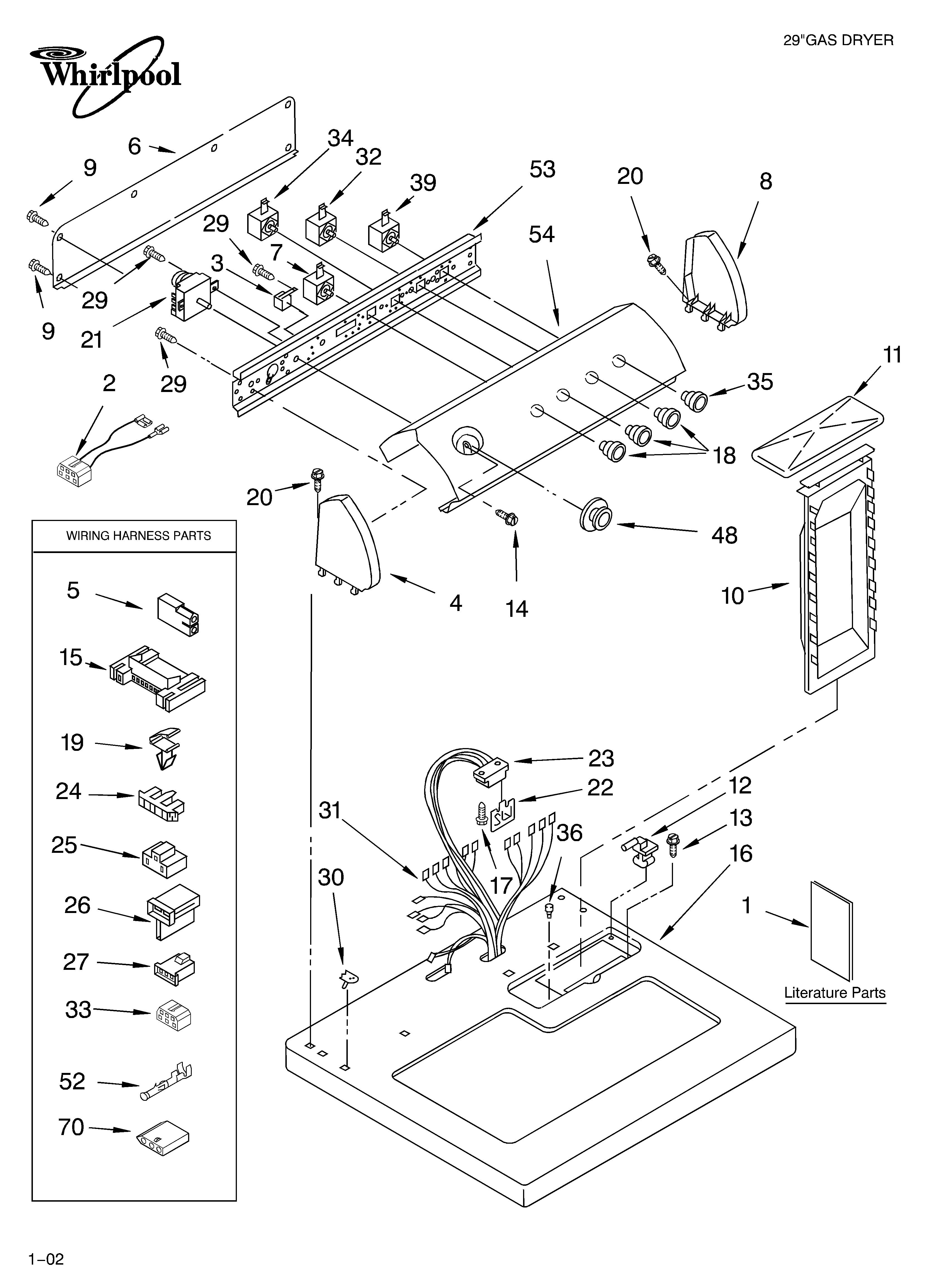 Whirlpool LGB6400KQ1 top and console/literature diagram