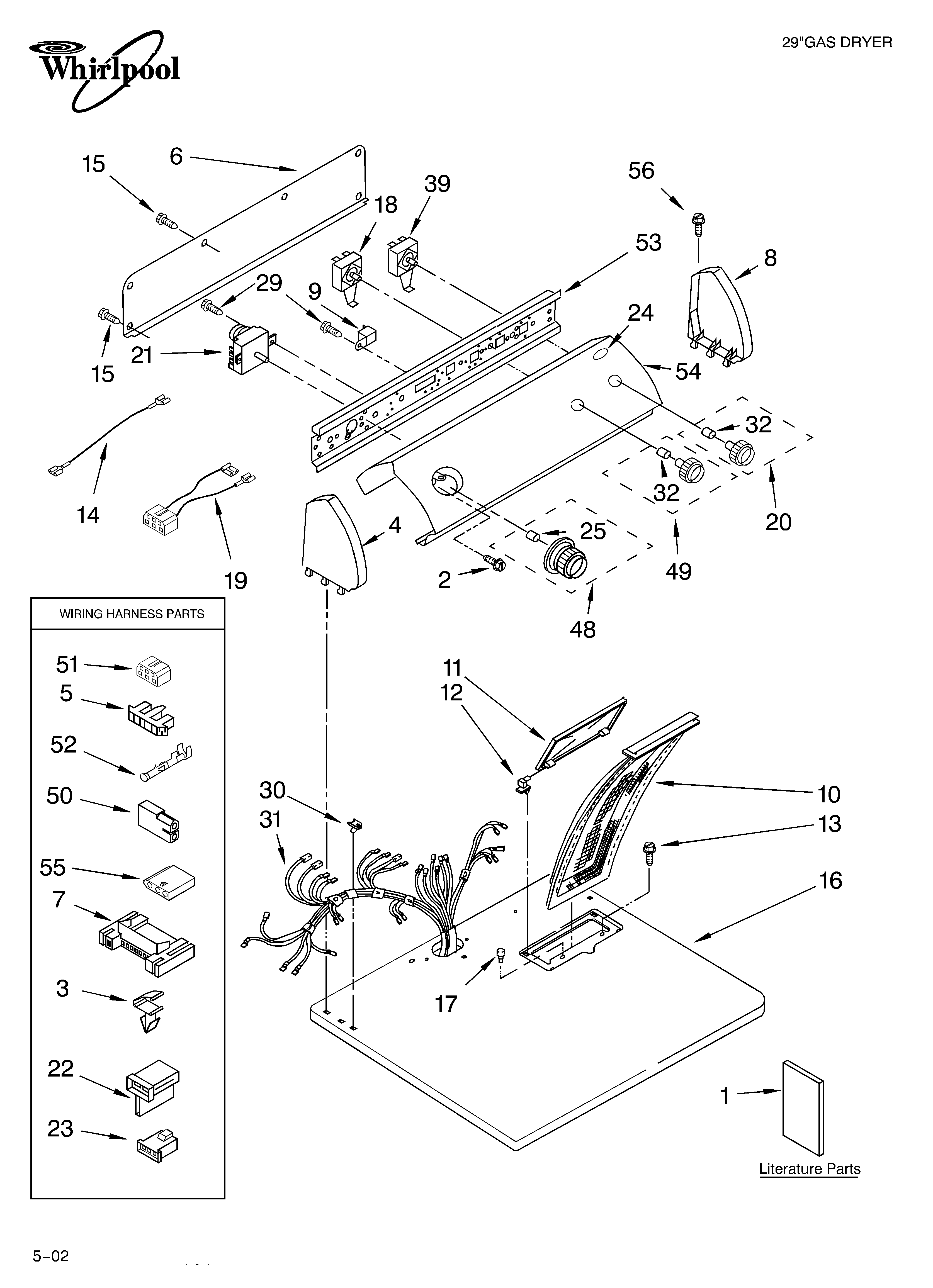 Whirlpool LGR5636LT0 top and console/literature diagram