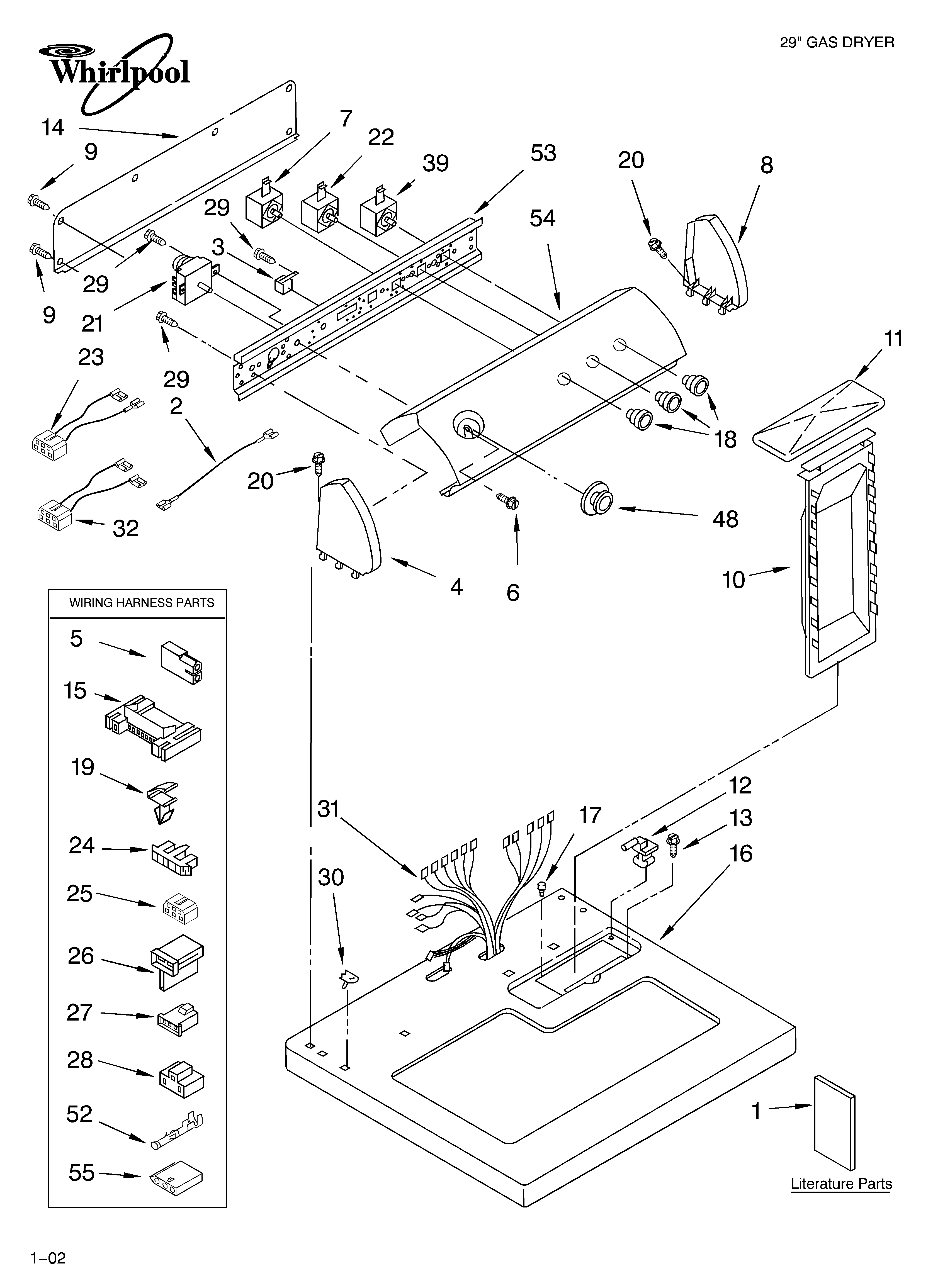 Whirlpool LGR7645JQ2 top and console/literature diagram