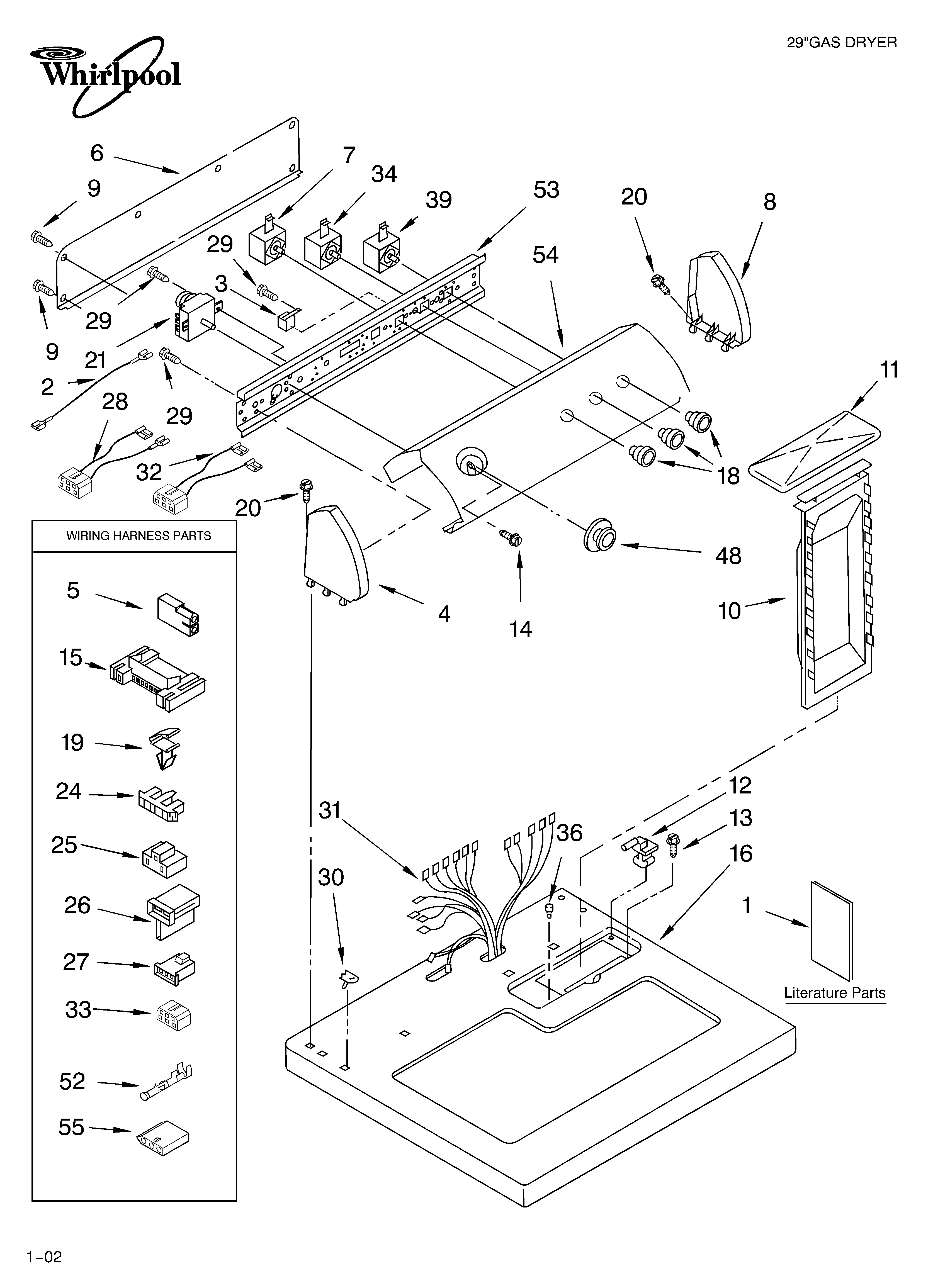 Whirlpool LGR7648KT1 top and console/literature diagram