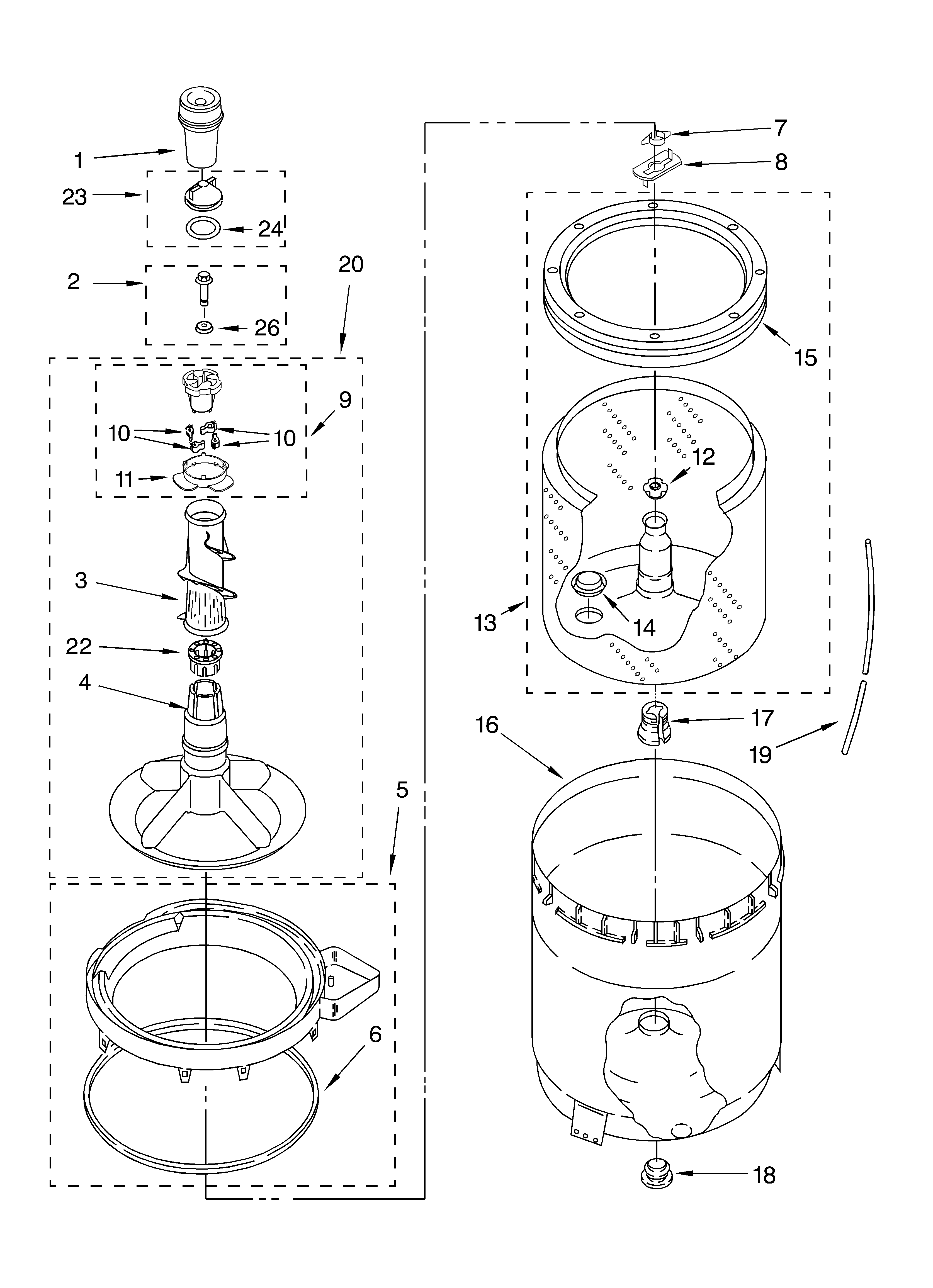 Whirlpool LSQ9659LG0 agitator, basket and tub diagram