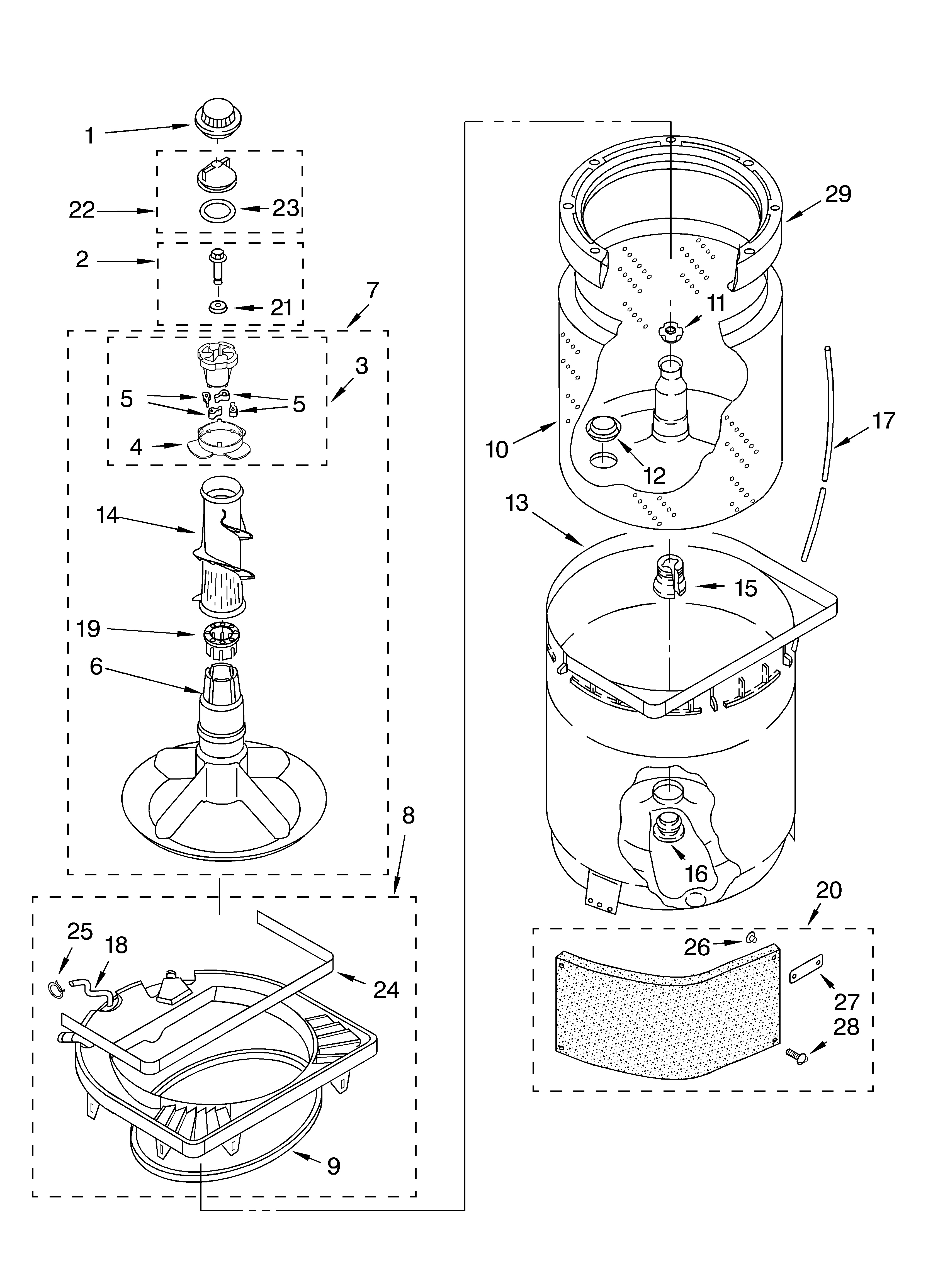 Whirlpool GSX9885JQ0 agitator, basket and tub diagram